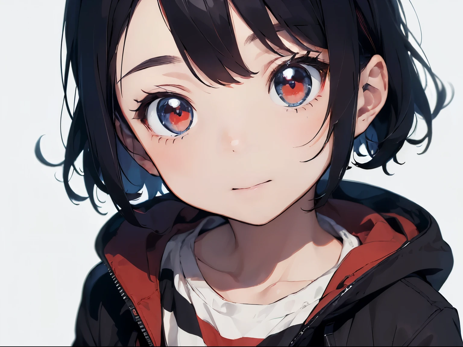[(white background:1.5),::5], ((((masterpiece)))), high quality, ultra high resolution, full color, (((alone))), (( boy)), black hair, ((red striped hair)), blue eyes, japanese cartoon movies, upper body, neon lights, black parka, upper body, 