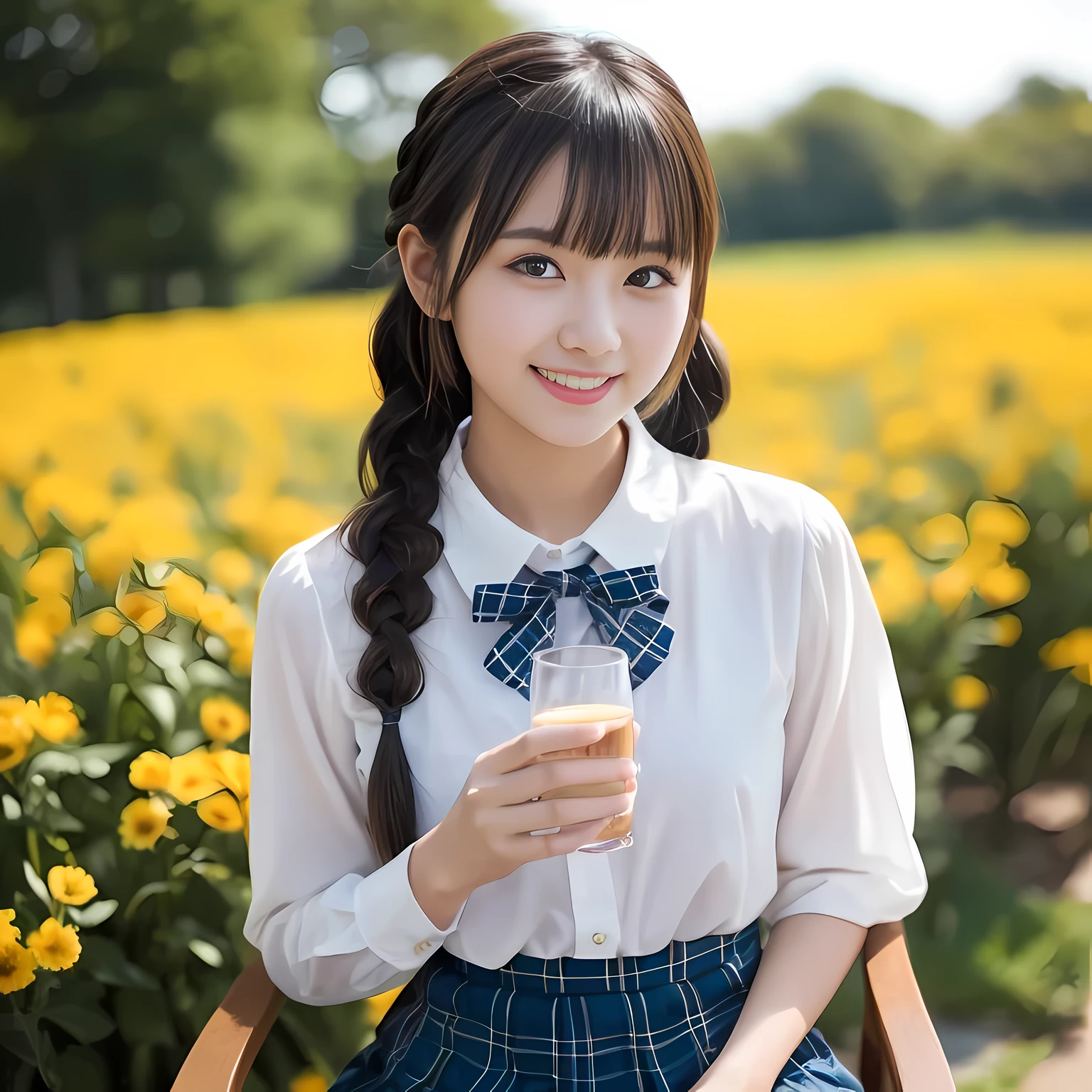 (highest quality、masterpiece:1.2)、highest quality、realistic、photograph、High resolution、1080p、8K、Pale, rough skin、The face is especially pale., physical rendering、Height: 148cm, one Japanese girl、A Japanese junior high school student sitting on a chair in a flower field、cute japanese girl, 14 years old, , (((big very detailed beautiful dark brown eyes))), ((blue girly large wine-red glossy polyester Japanese school ribbon bow tie)), ((((very beautiful long braids hair)))), ((((deep blue colored tartan checkered formal long pleated pleated skirt)))), ((Shiny beige blouse)), (((Looking at the viewers with loving eyes, smiling))), Very fun, (((Very happy))), mouth is open, The big skirt is very cute, detailed fingers, modest chest, ((curled bangs)), so beautiful, long eyelashes, ((Very big and very very very cute eyes of a Japanese girl)), ((large pupils)), double eyelids, The entire skirt is photographed, Very cute face, thin eyebrows, ((drooping eyes)), ((long eyelashes)), maximum smile, ((The pure white light hits her face from the front, making her skin and eyes shine beautifully.)), (((((A clean and intelligent appearance))))), hands on chest, shot from the side