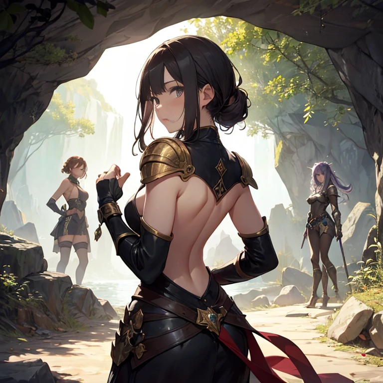 A group of female medieval fantasy adventurers, (in cave), various hair styles, harem, night, details face, seducing, sleeveless, armor, backless