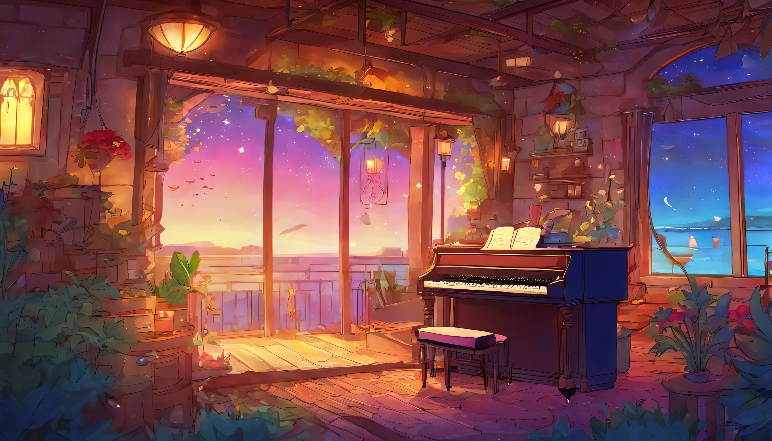 【best masterpiece】Piano Jazz Bar, dream, night light,analog color theme, lo-fi hip hop , retrospective, flat, 2.5D ,Draw a line, ink painting, Osaka road, watercolor painting, gouache color,  very colorful, outerton, Krautlock, Lofiato,old texture, amplitude,Psychedelic atmosphere, masterpiece, Technology of Wonders,Darken the room，Outside the window is a beautiful night beach