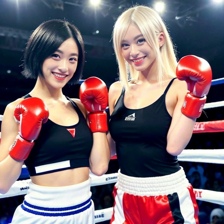 Cici(Japanese)Black hair semi-short cut、A bright, stylish 24-year-old、Gemini(American)Has long blonde hair、A 28-year-old with a nice figure、The two faced off in boxing、Dress code: tank top and shorts。Two people wearing boxing gloves、Looking towards me and smiling