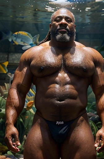 very old African-American man, very gray-haired, very old, silver-haired, extremely muscular and extremely fat, over 70 years old, weighing more than 600 pounds with extremely large, muscular and very flaccid and very hairy breasts and with very large, pointed and dark nipples with relaxed muscles bodybuilders with long wavy hair floating underwater in a sea full of colorful fish wearing thongs with very hairy pubes sticking out of the thongs