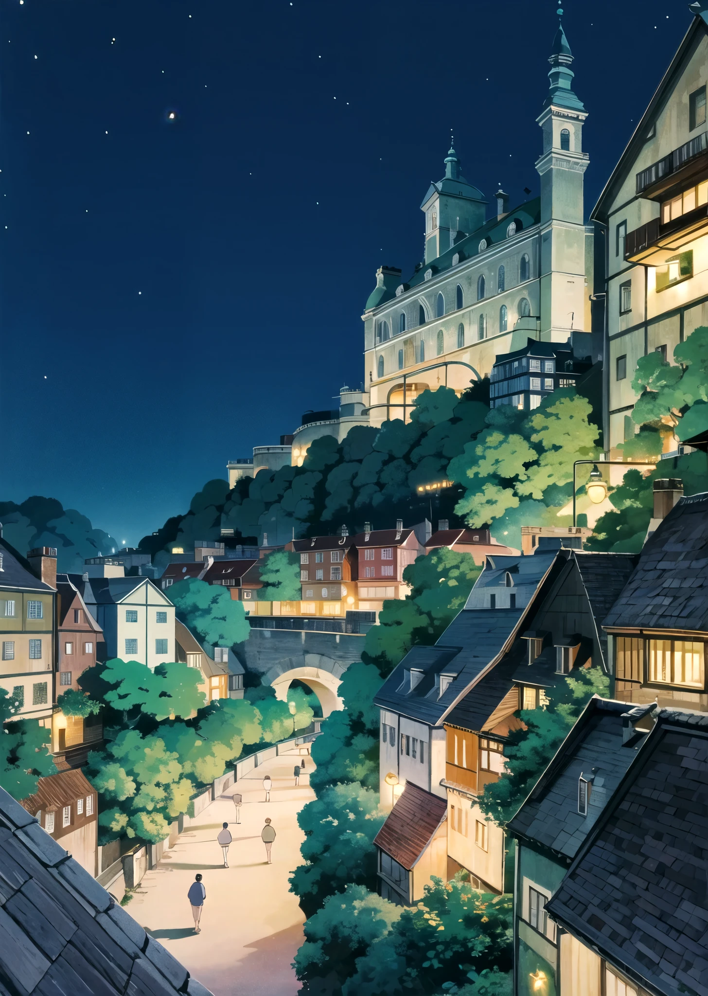 (((ghibli style))),Summer, night,landscape