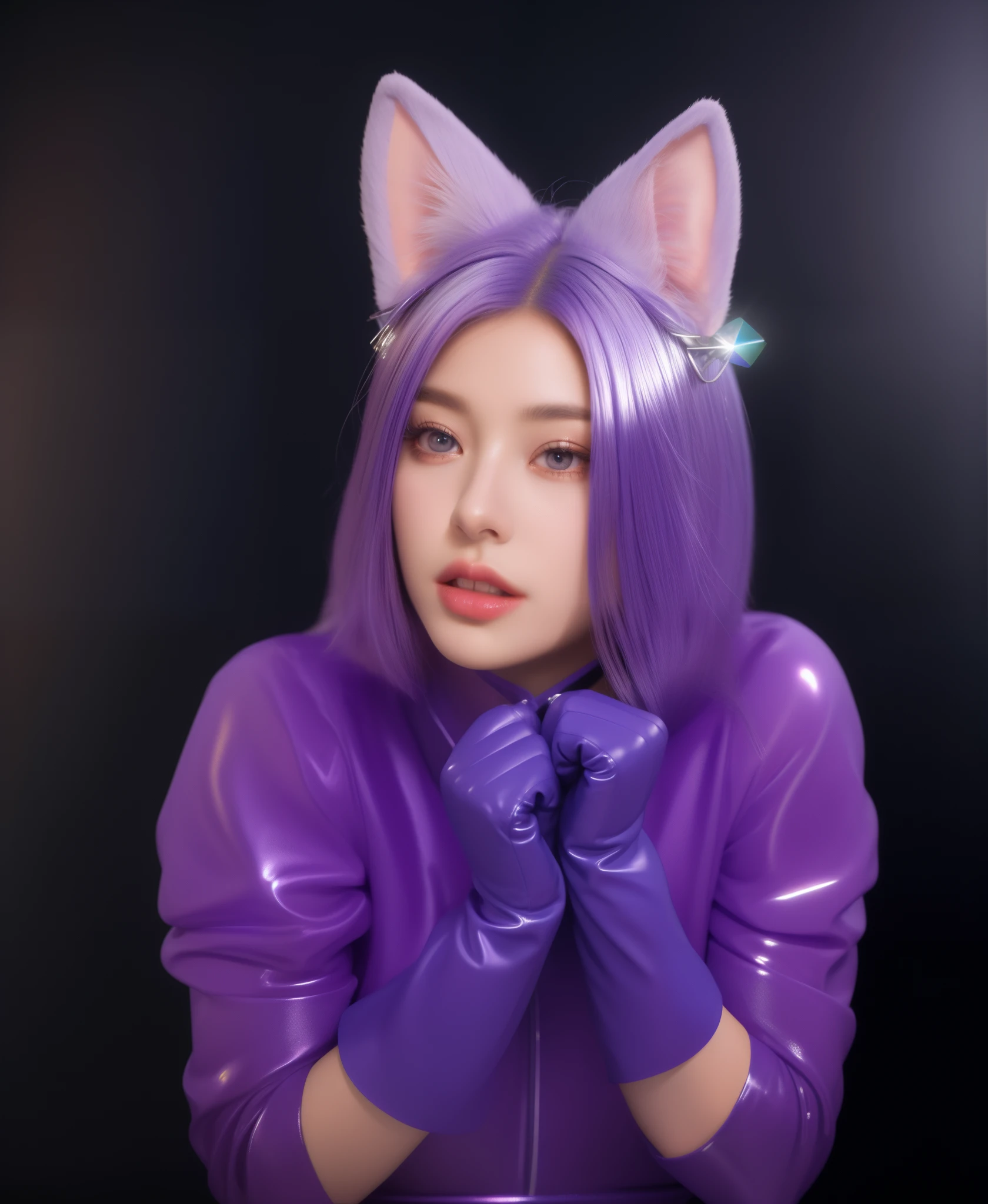 purple haired girl with purple gloves and a purple cat costume, purple cat, she is scared, headshot of young female furry, woman with cat ears, girl with cat ears, beautiful young catgirl, anime cosplay, purple metal ears, cosplay photo, glossy texture, smooth 3d model, multiple light sources, rim light, sharp post effects render, (glossy plastic texture with multiple big light probe refractions), perfect cgi, smooth silhouette, high intensity refraction, (super glossy material), most beautiful vfx, blue background, plastic refractions, realistic, 4k, high resolution, rim light, photo shoot, commercial photo, profile shot, 4k, rim light, high resolution, 4k, glossy texture, smooth 3d model, multiple light sources, rim light, sharp post effects render, (glossy metallic texture with multiple big light probe refractions), perfect cgi, cgi art created only with gradients, smooth silhouette, high intensity refraction, (super glossy chrome material), most beautiful vfx, blue background, chrome metal refractions, multiple light sources, rim light, sharp post effects render, perfect cgi, digital art, detailed digital art, reflective, best quality, 4k, masterpiece:1.2, ultra-detailed, realistic, vivid colors, dark and moody lighting, The image of the highest quality, ensuring every detail showcased perfectly. It in 4k resolution, allowing viewers to immerse themselves in the richness of the colors and intricate details. The realistic rendering. under the spotlight, reflecting, high-resolution image, realistic rendering, dark background, and rim light photorealistic