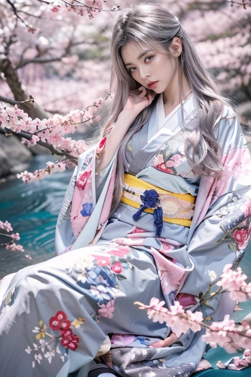 (Beautiful model appearing in Japanese clothing commercial, Beautiful long silver mesh hair swaying in the wind), (alone), ((face is 80% beauty and elegance, 20% pretty and cute:1.5)), (Her roots are in Eastern Europe and Asia), clear eyes, (fine eyes, light brown eyes, bright pupils), double eyelid, (Slightly thick and sexy lips:1.2), Super detailed and incredibly high resolution silver long Kimono, Highly detailed facial texture, impressive body shape, Curvaceous and very attractive woman, (The color of the long kimono is 95% pink and 5% lapis lazuli:1.5), High resolution RAW color photography professional photography, break ultra high-resolution textures, High resolution body rendering, Big eyes, an unparalleled masterpiece, incredible high resolution, Super detailed, stunning ceramic skin, break (Made with plenty of Rinpa silver.、琳派風のshiny redい振袖を着ています。.), (The main color is Rinpa'shiny red.), (丁寧に作られた日本の古典的なshiny redい振袖), ((The embroidery pattern is a Japanese painting style of lapis lazuli birds, cloud, Mountain, river, and flowers)), (A lapis lazuli obi that matches this kimono), ((Delicate and elegant embroidery、shiny redい振袖)), (The background is sparkling silver diamond dust emitted from the moon,Cherry tree:1.5) break ((highest quality, 8K)), sharp focus:1.2, (layer cut, big:1.2), (beautiful woman with perfect figure:1.4), (Beautifully shaped breasts:1.3), thin waist, (correct hand shape:1.5), (full body shot | Rear view)