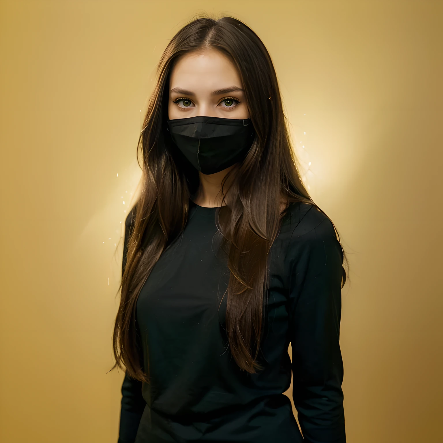 20 years old (hyper realistic)) Girl cute with (long straight dark blond hair) (beautiful nose)) ((cheekbones)) with (dark green eyes) , photo,wear (black mask:2 and black shirt:1) ((selfie:1)), ((close professional face portrait in photostudio:1)), centered, uncropped, mood for instagram, ultra resolution, (Photorealist: 1.4), looking on camera, ((standing straight:1.1)), 8K, topquality, photostudio, (((yellow background)), gentle sweet face, natural makeup, photo RAW, HDR