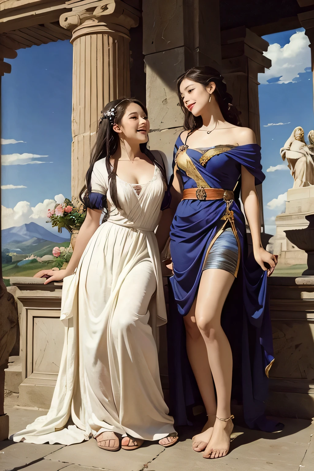 full body portrait or statue、Giorgione painting style,Arguments of two female Philosophe,math、astronomical machine、astronaut、roses in vase、fruits、Cute trinkets、smile、ancient greek costume、Ancient Roman landscape in the style of Nicolas Poussin,laughter,,Sweet and seductive appearance.、Caravaggio's paintings、Chiaroscuro of Caravaggio、hair tousled by the wind,Two women frolicking,cute smile, expression of ecstasy,Sexy,erotic