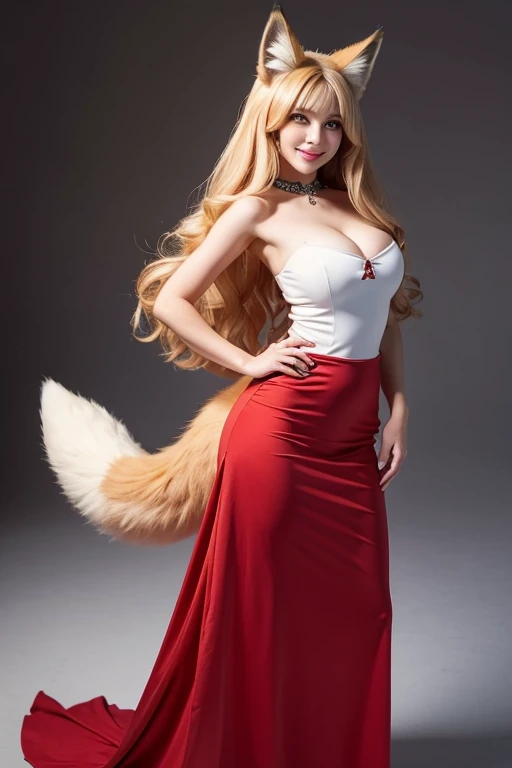 ((highest quality, 32k)), ((masterpiece)), (Familiar), Perfect Face, Fox Girl, Beautiful woman, public, It has a tail, She has a fluffy tail, She has a fox&#39;s tail, She wags her tail, smile, She is wearing a dress, Beautiful Hips, Big Breasts , Big tail, A tail sticks out from the dress