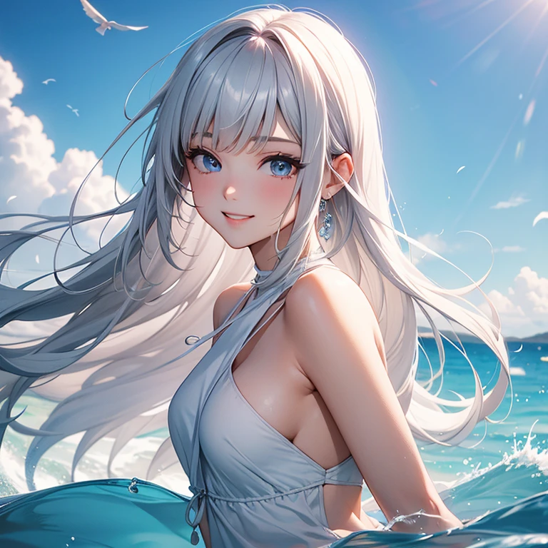 white、Ocean、droopy eyes、Brown eyeballs on face、smile、23 year old female、woman wearing one piece、long hair girl、((long hair girl))、Girl with bangs、detailed face、clean face、((best image quality))、mole、bouquet、bride、Mermaid Dress.silver hair、blue eyes、heroine、blush