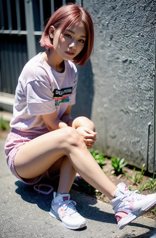 arafed woman sitting on the ground with her legs crossed, cute girl with short pink hair, she is wearing streetwear, chiho, pink girl, photo taken with sony a7r, faded pink, japanese streetwear, some pink, taken with canon eos 5 d mark iv, with pink hair, casual pose, taken with canon eos 5 d, short pink hair
