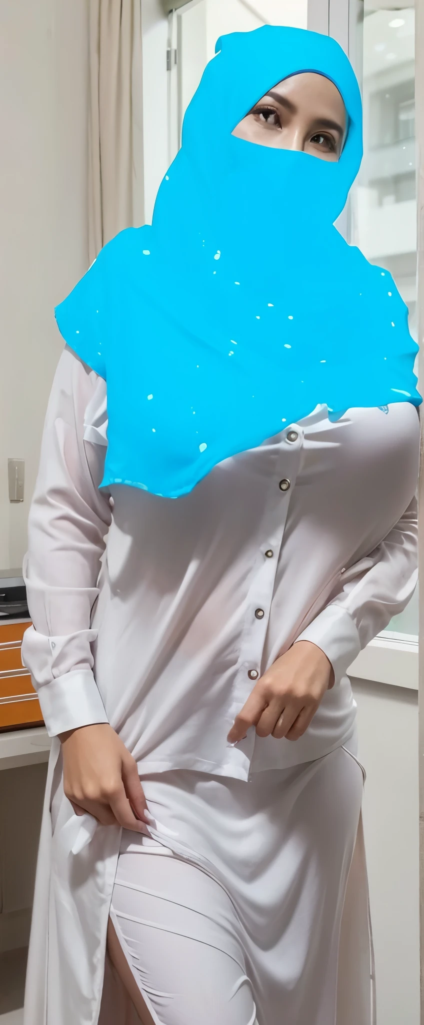 50 years Old, Hijab Indonesian mature woman, Big  : 66.9, Gamis,  out from her clothes : 1.9, at doctor office, Dark light, at Nighttime