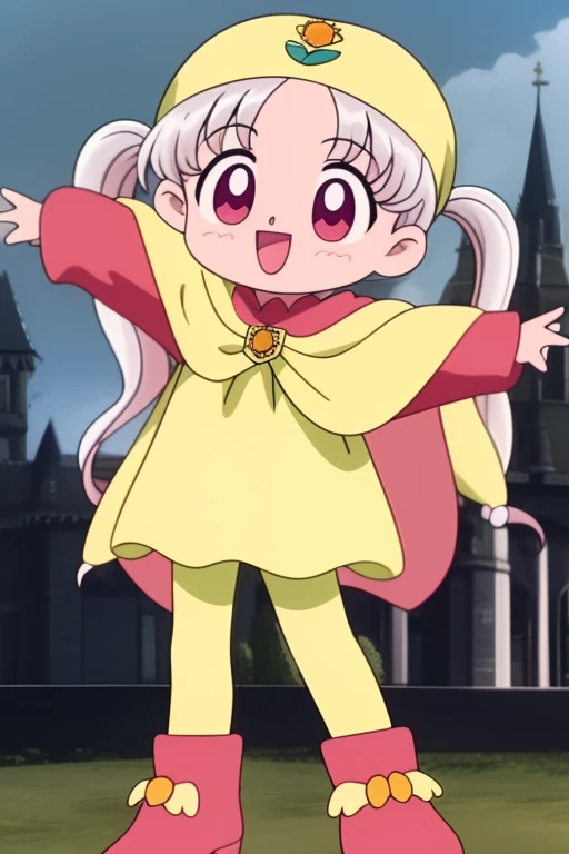 Silver Oujo, 1 girl, alone, yellow_hat, wand, long hair, twin tails, smile, red eyes, open your mouth, cape, full body, holding, boots, gray hair, yellow hat, holding wand, pink hair, pantyhose, long sleeve, :d, Are standing, outstretched arm,
Castle in the room, 1 girl, difficult, Chibi,
masterpiece, expensive quality, very_expensive_solve, big_file size, full color, 1990s \(style\), anime, anime_screen cap, animeーション化された gif, mp4 ,video, animeーション化された,nude,nfsw,