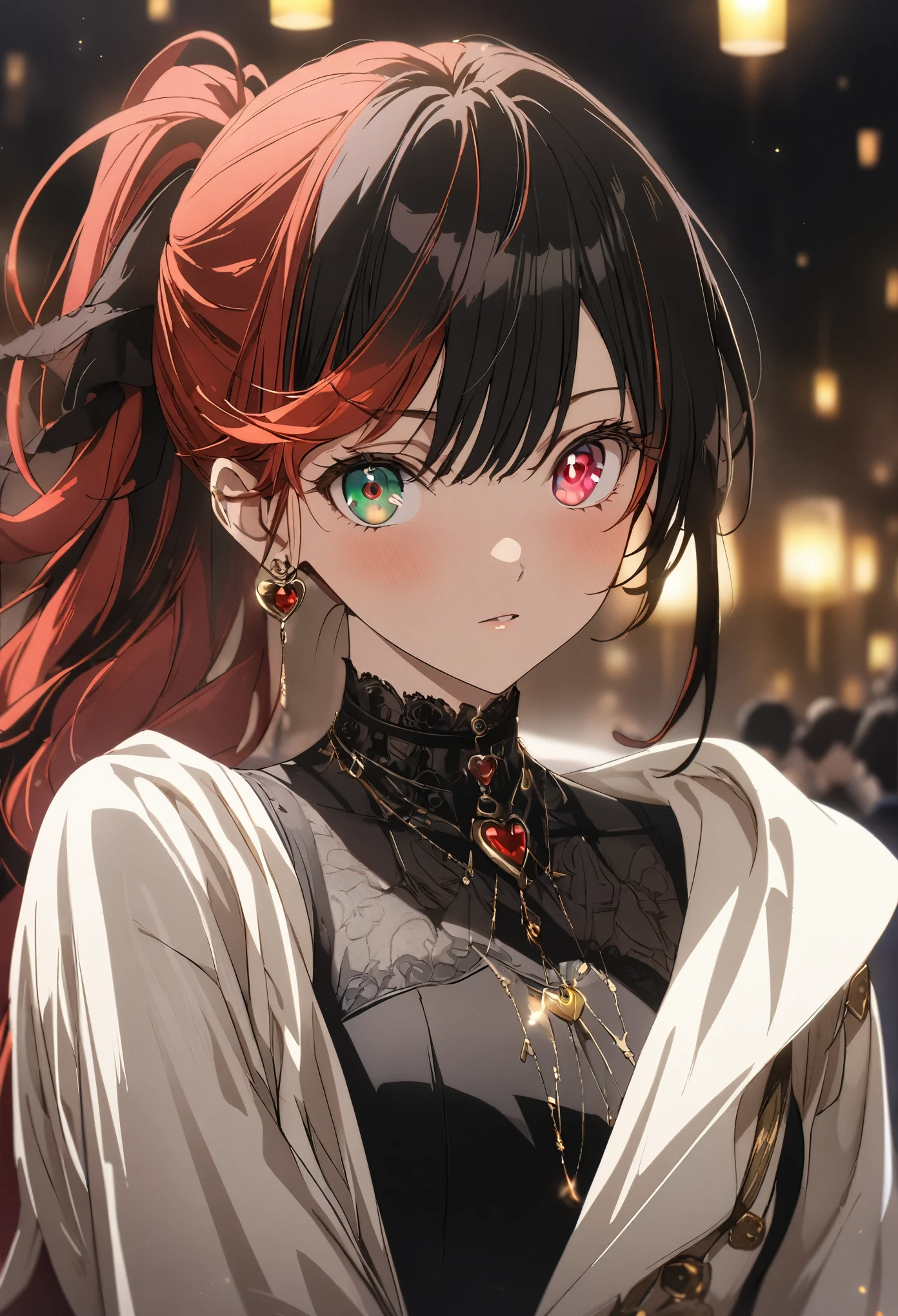 1girl, multicolored hair, black hair, red hair, bangs, ponytail, heart-shaped pupils, multicolored eyes, heterochromia, red eyes, greeneyes, anime, anime style, masterpiece, high details, high quality, award winning, best quality, highres