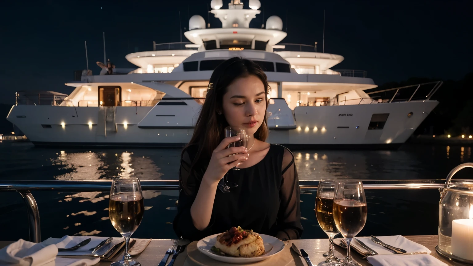 A large scene picture。Need to expose the sky,evening,There is a yacht on the sea,A dinner is being held outside the yacht,Flowers on the yacht,Candles and a lady in a black evening dress holding a wine glass。The picture needs to be high resolution。