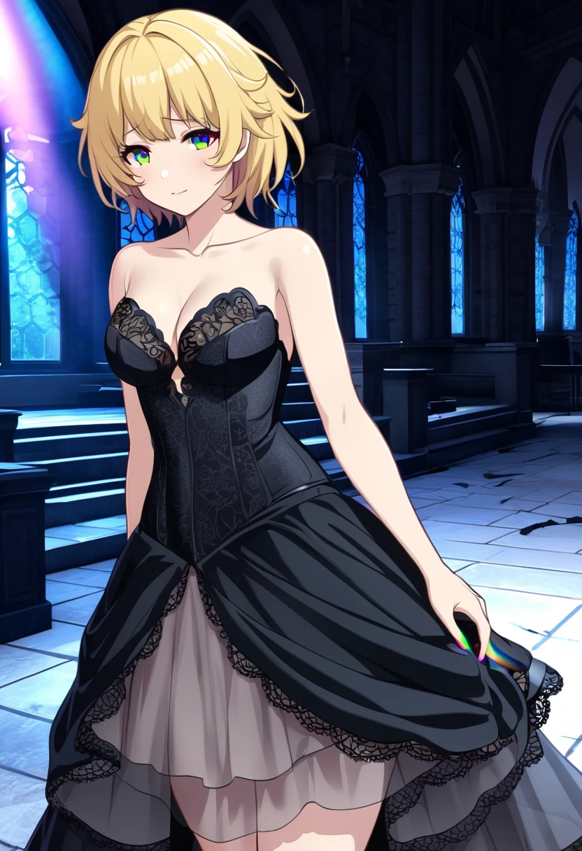 顶级animation质量，animation，HD，1080P，solo，(cygames)，a woman，extremely detailed yellow hair and rainbow eyes，(messy hair) with neat bang，(only wears (black transparent wedding dress))，Strapless and bare shoulders，lace，In the ruined church，Gothic style decoration，Sense of Destruction，[at night]，background blur，sexy feeling，(dark feeling)，Ray tracing，(bleak)