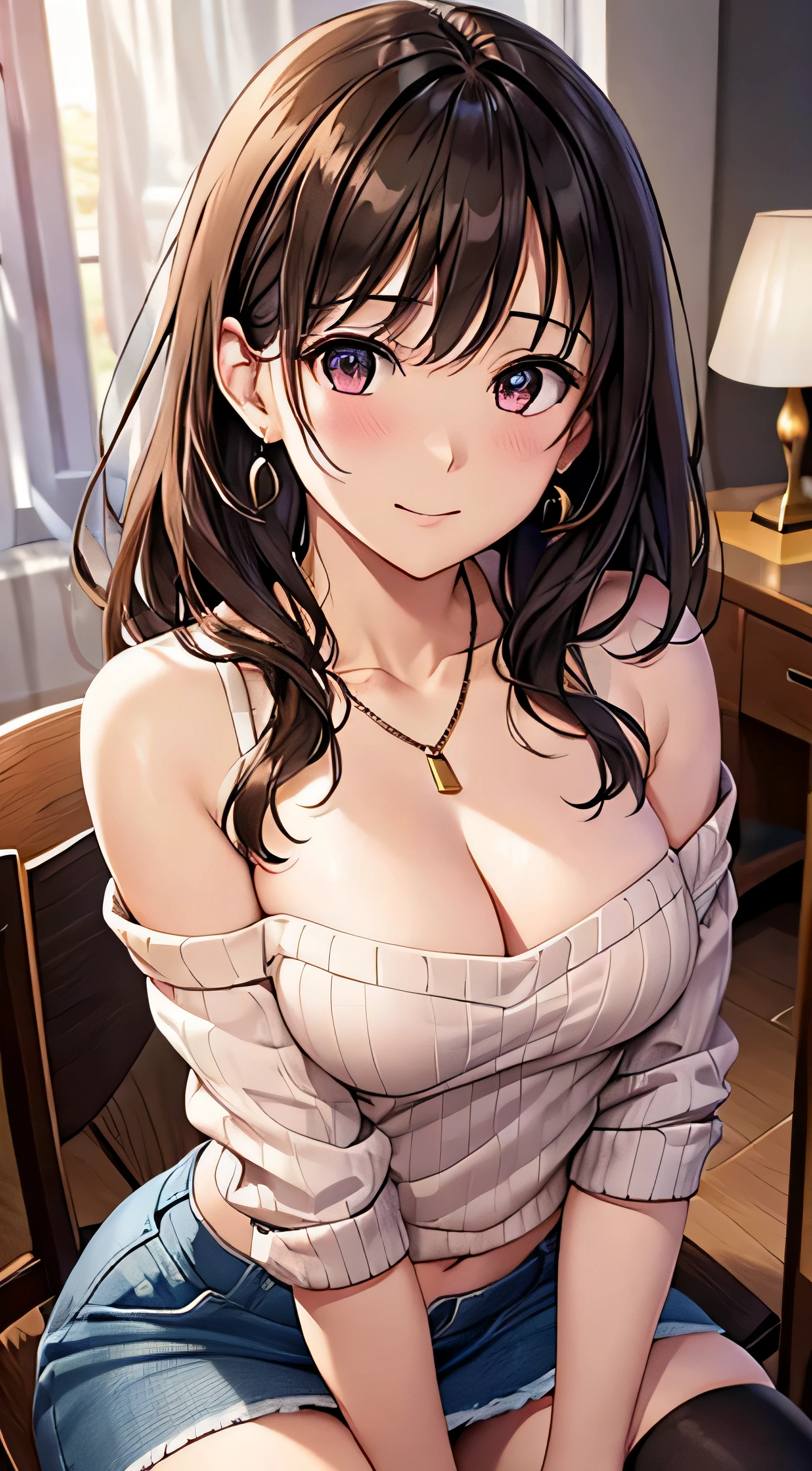 (table top, highest quality, High resolution, , perfect pixel, 4k,), 1 girl, single, alone, Beautiful woman、I could see the whole body、 ((wavy middle hair, bangs, brown hair)), ((brown eyes, beautiful eyelashes, realistic eyes)), ((detailed face, blush:1.2)), ((smooth texture:0.75, realistic texture:0.65, realistic:1.1, Anime CG style)), medium breasts, dynamic angle, perfect body, ((, beige off shoulder sweater、Tight denim skirt、black stockings、cute necklace、earrings、)), upper grade、shy smile、Luxury hotel room、sleep on your back in bed、((open legs))、angle from below、Put your arms together to accentuate your cleavage、、((Pink lace panties are visible))、
