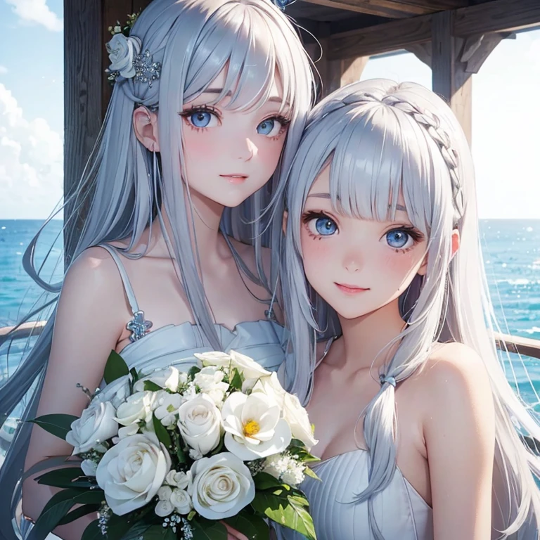 white、Ocean、droopy eyes、Brown eyeballs on face、smile、23 year old female、woman wearing one piece、long hair girl、((long hair girl))、Girl with bangs、detailed face、clean face、((best image quality))、mole、bouquet、bride、Mermaid Dress.silver hair、light blue eyes、heroine、blush