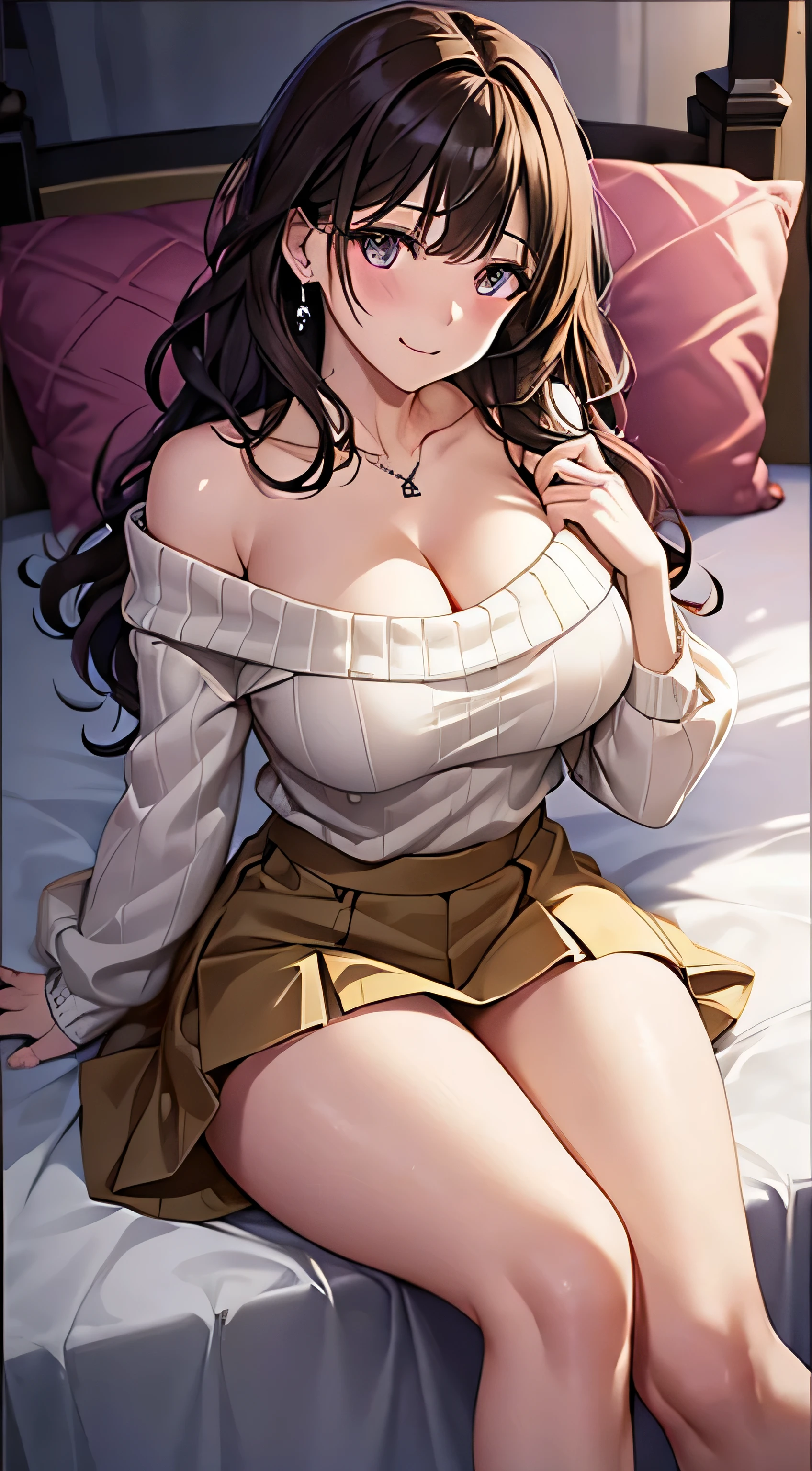 (table top, highest quality, High resolution, , perfect pixel, 4k,), 1 girl, single, alone, Beautiful woman、I could see the whole body、 ((wavy middle hair, bangs, brown hair)), ((brown eyes, beautiful eyelashes, realistic eyes)), ((detailed face, blush:1.2)), ((smooth texture:0.75, realistic texture:0.65, realistic:1.1, Anime CG style)), medium breasts, dynamic angle, perfect body, ((, beige off shoulder sweater、Tight denim skirt、black stockings、cute necklace、earrings、)), upper grade、shy smile、Luxury hotel room、sleep on your back in bed、((open legs))、angle from below、Put your arms together to accentuate your cleavage、、((Pink lace panties are visible))、