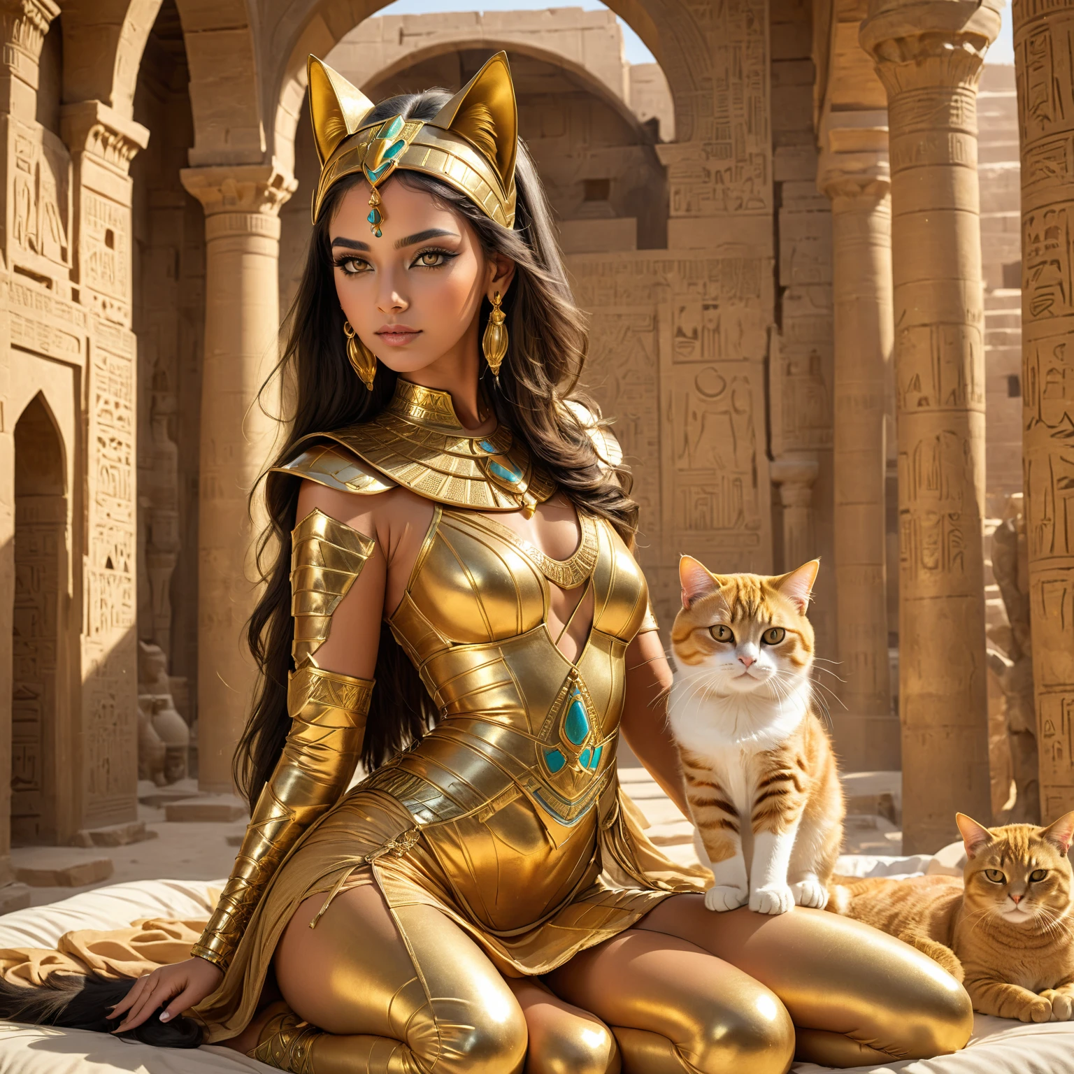 close-up, full length,absolutely naked cute girl looking at me, has a Egyptian Cat, flirt, cyberpank gold construction body,against the backdrop Egyptian columns, ultra high quality detailing