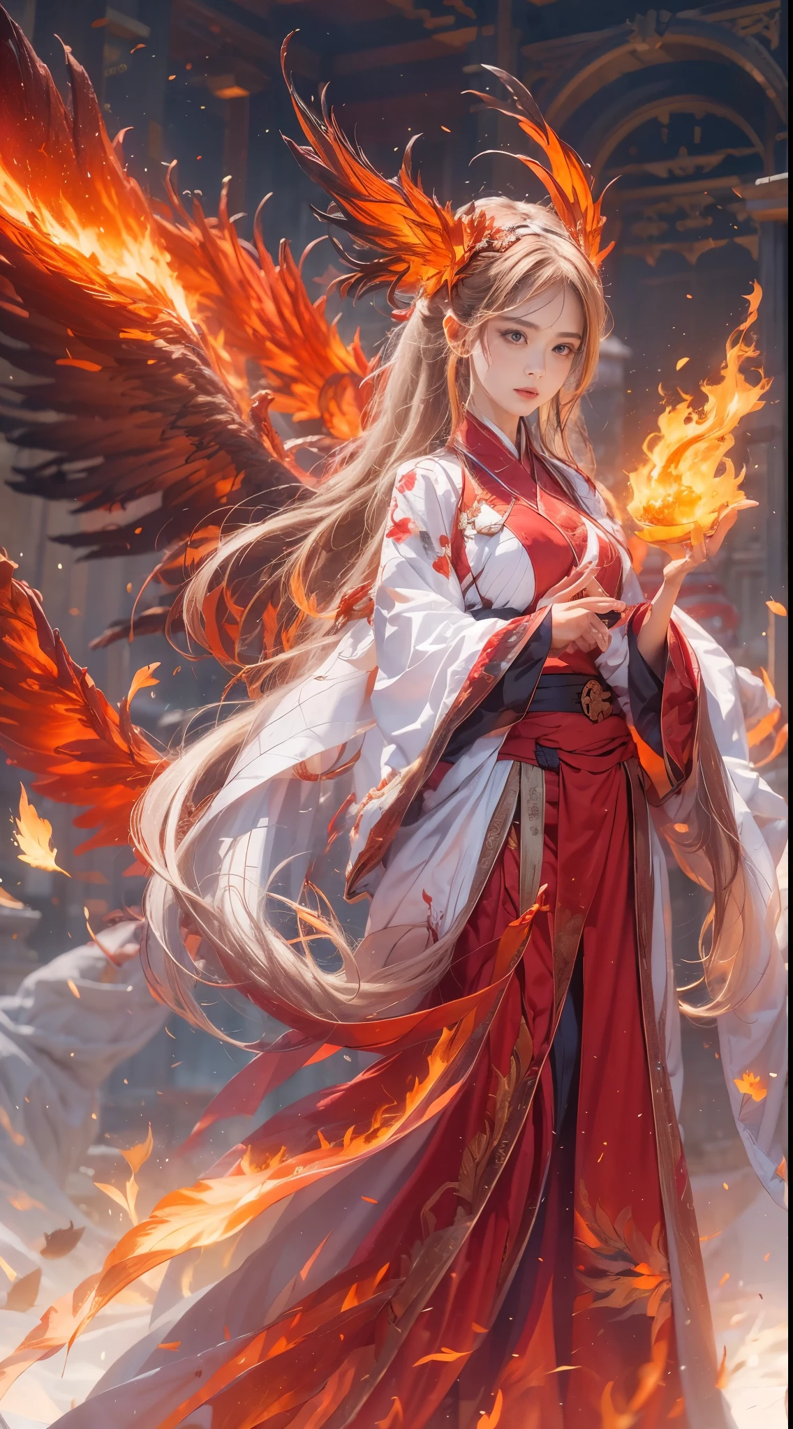 (full body portrait), (close up) ,1 girl，korean girl, ************, Fire mage wearing fiery red clothes（Chinese Hanfu），The robe is embroidered with intricate runes，Decorated with a burning scent。He was tall and strong，Raise your hand，Powerful fire spells are being unleashed, His eyes are firm and sharp，A fire flashed in the flame mage&#39;s eyes，（A huge flaming phoenix spreads its wings and flies：1.2),（Phoenix feathers burn with blazing flames), it sparkles，Its body is surrounded by flame feathers，Dancing，Forming a spectacular flame hexagonal star array pattern，Full of mysterious magic，The whole scene is full of fiery aura and passion for fighting，Large fire spells bloom in the air，A brilliant arc of flames and splashing sparks form，（Fire Mage and Phoenix），Look majestic and mysterious in the raging fire，Like the embodiment of fire and magic，Red hair，high detail，Surrealism，realism，（（Half-length photo）），（real picture：1.4），（chiaroscuro），movie lighting，Realistic special effects，Render by Octane，Ray tracing，panoramic，perspective，textured skin，Ultra-detailed，ultra high definition，masterpiece，anatomically correct，best quality，high resolution，8K