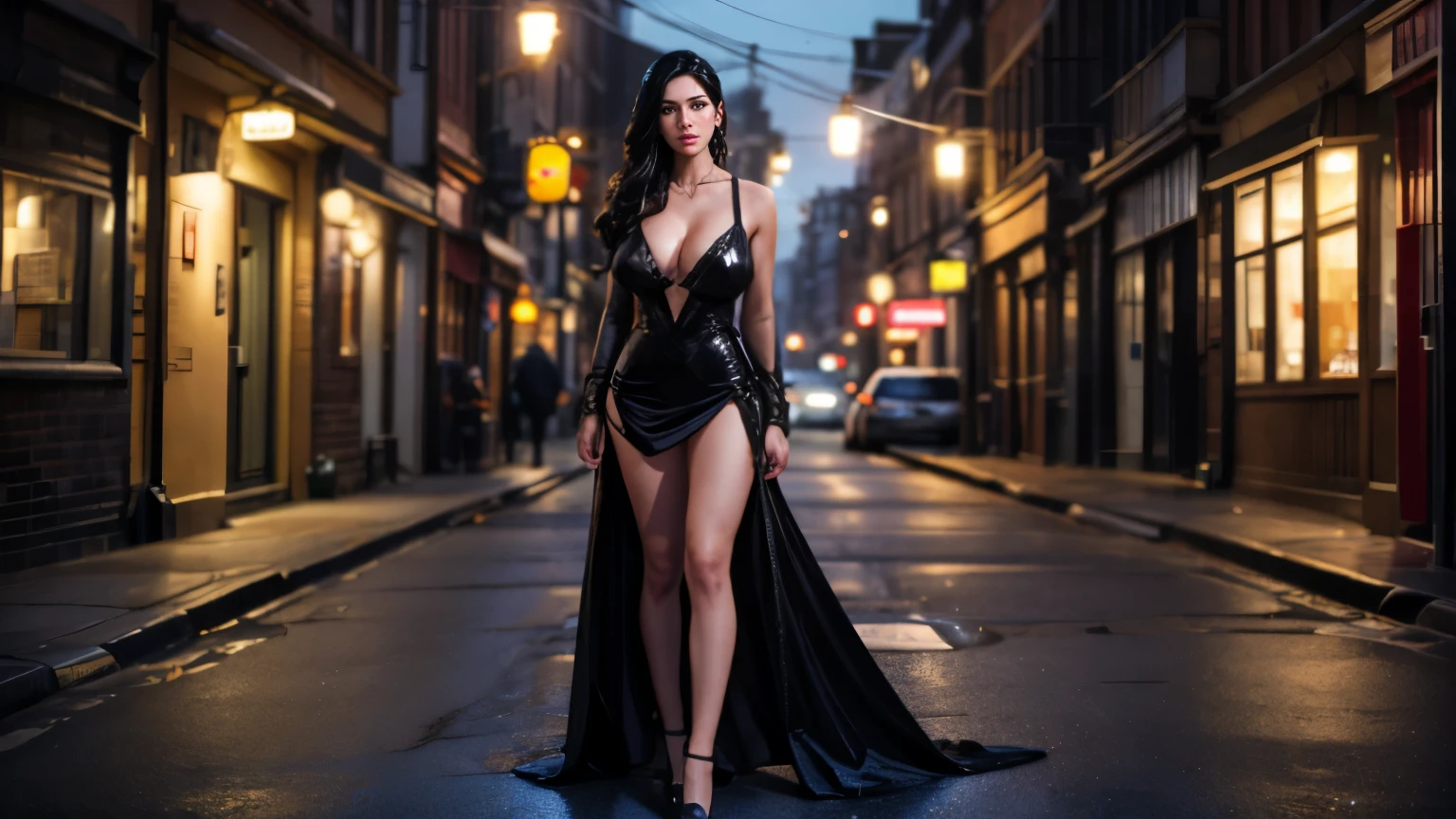 Yennefer, full body, long_hair, amazing hair, gorgeous, city girl, cleavage, western, black dress, hot girl, makeup, (masterpiece), best quality, high resolution, extremely detailed, blurred background, depth of field, cinematic lighting.