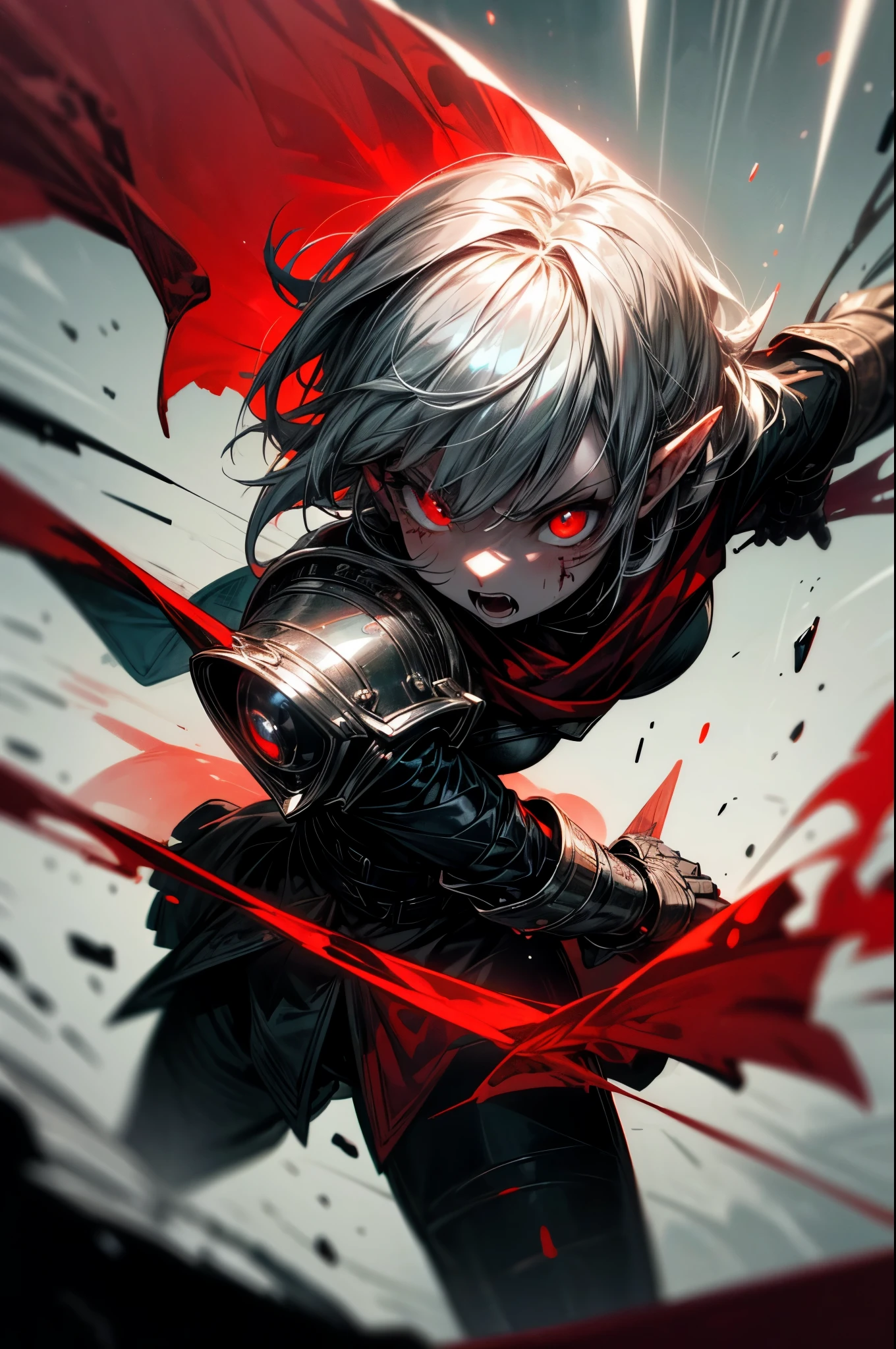 ((Best Quality, 8K, Masterpiece)), ((1woman, ite)), blood on face, flat color, limited palette, Perfectly Cute Girl, Delicate and smooth skin, Realistic skin, Perfect Beautiful Face, Perfect and Cute Face, (POV POV, View from above), short messy white hair, elf ears, sharp fangs, angry, open mouth, shouting, glowing eyes, assassin's metallic armor, cowl, black shawl, fully clothed, dark aura, dynamic pose, fighting stance, black and red, two tone, dark hue, red hue, high contrast, dark lighting