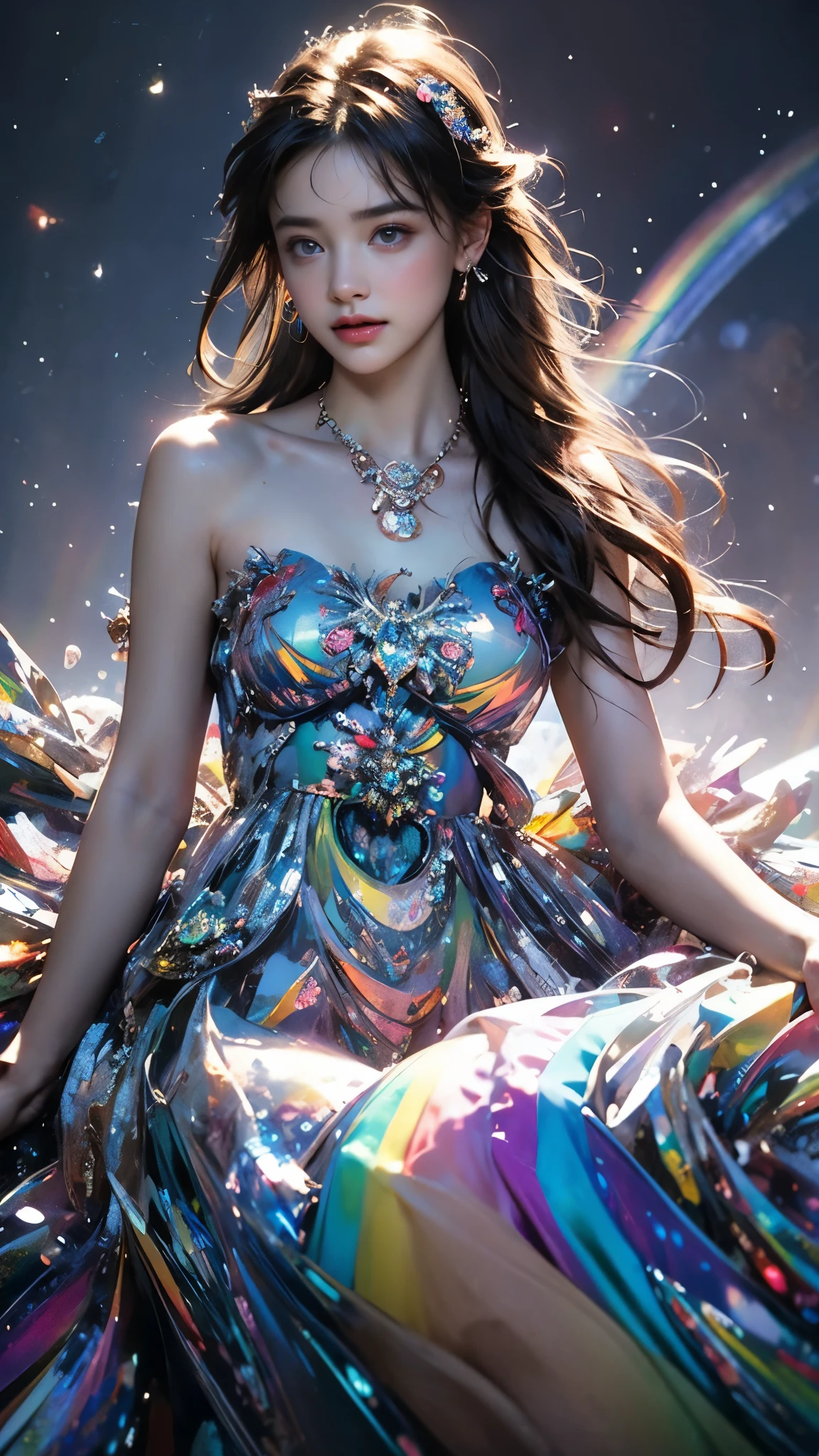 8K, ultra hd, masterpiece, 1 girl, (good face:1.4), detailed eyes, very long hair, impressive hairstyle, earings, necklace, small breasts, (rainbow dress:1.5), see-through, (fantasy dress:1.5) Light-colored foundation brings out the transparency of the skin, (in the wonderland:1.5), mystery, diwali lights, glowing lights, very decoration, The lights falls like water, perfect front body, sitting,