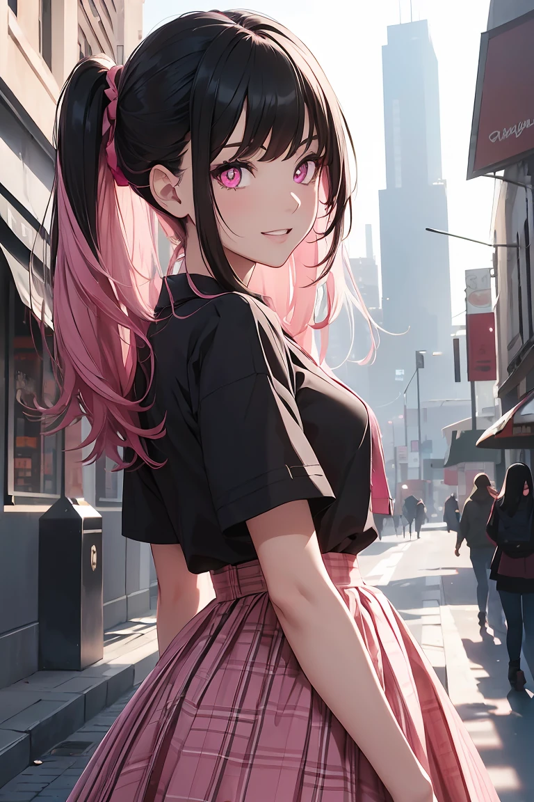 ((1 girl)), latest trend clothes, red check skirt, black clothing ,squat, Street fashion,cowboy shot,((Super detailed,highest quality, High resolution, 8k wallpaper, beautiful clothes,)),((black hair, long hair,straight hair,two side up)), (teeth), Grinning face, eye shadow, eyeliner,Glow eye, highly detailed eyes, clear eyes, beautiful eyes, ((shining pink eyes))18 year old girl.