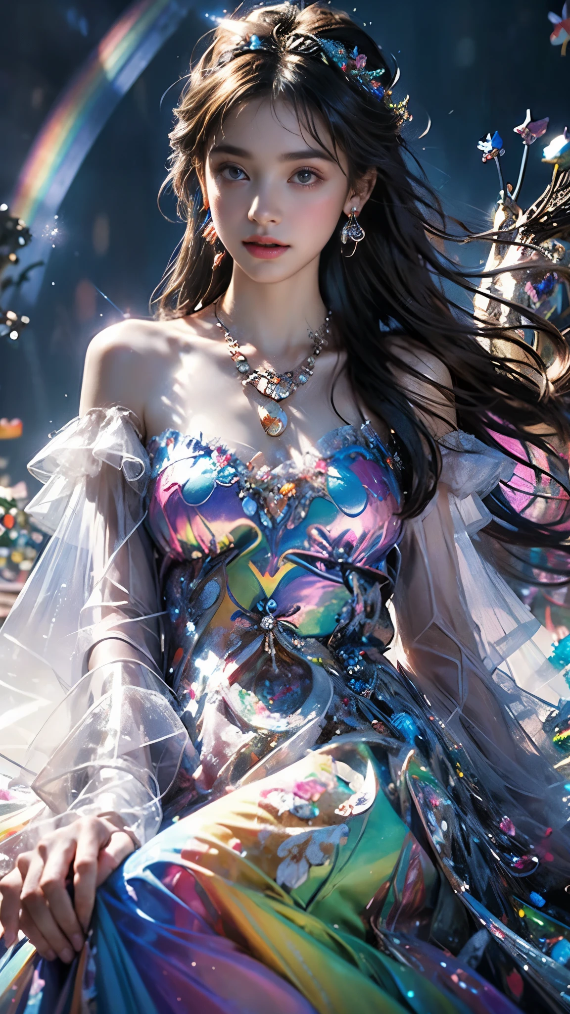 8K, ultra hd, masterpiece, 1 girl, (good face:1.4), detailed eyes, very long hair, impressive hairstyle, earings, necklace, small breasts, (rainbow dress:1.5), see-through, (fantasy dress:1.5) Light-colored foundation brings out the transparency of the skin, (in the wonderland:1.5), mystery, diwali lights, glowing lights, very decoration, The lights falls like water, perfect front body, sitting,