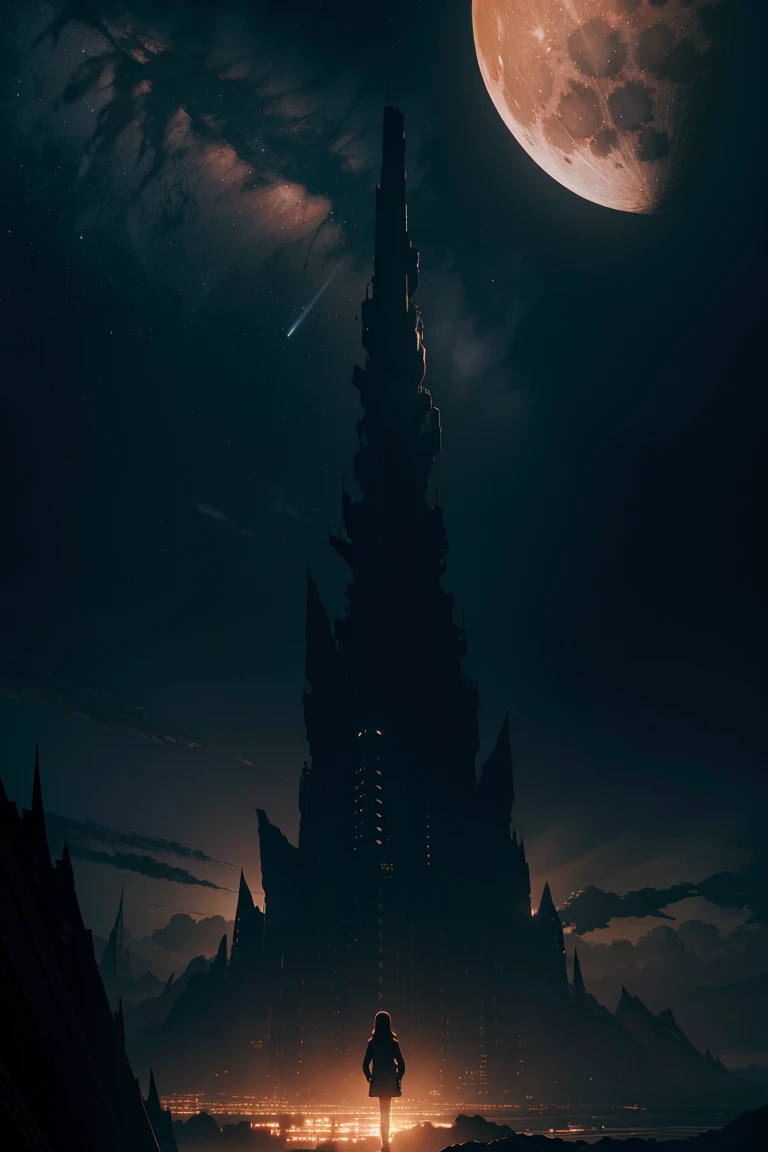 moon at night,Highly detailed matte painting of a woman gazing at a giant monster, by makoto shinkai, by Art Germ, author: Wlop, Written by Greg Rutkowski, volume lighting, octane rendering, 4K resolution, Trending with ArtStation, masterpiece 