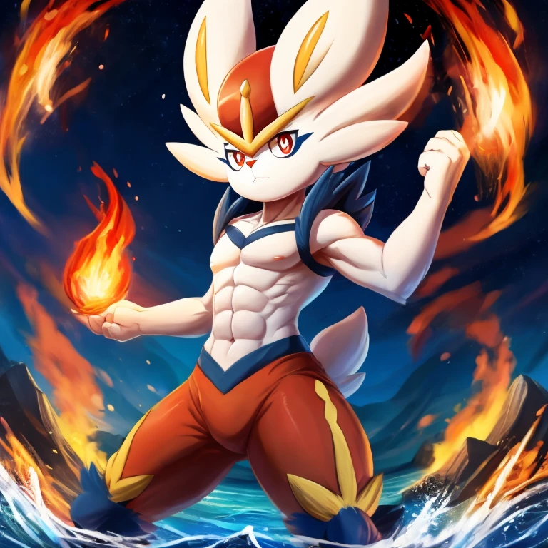 there is a cartoon picture of a pokemon character standing in the water, attractive matoi ryuko, do you know de wae, doing a hot majestic pose, powerful pose, portrait of cinderace, official art, powerful stance, inspired by Kanbun Master, intimidating pose, badass pose, fire type, high quality fanart, sassy pose, cool pose,abs, anthro male,young boy, furry 