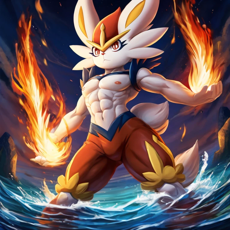 there is a cartoon picture of a pokemon character standing in the water, attractive matoi ryuko, do you know de wae, doing a hot majestic pose, powerful pose, portrait of cinderace, official art, powerful stance, inspired by Kanbun Master, intimidating pose, badass pose, fire type, high quality fanart, sassy pose, cool pose,abs, anthro male,young boy, furry 