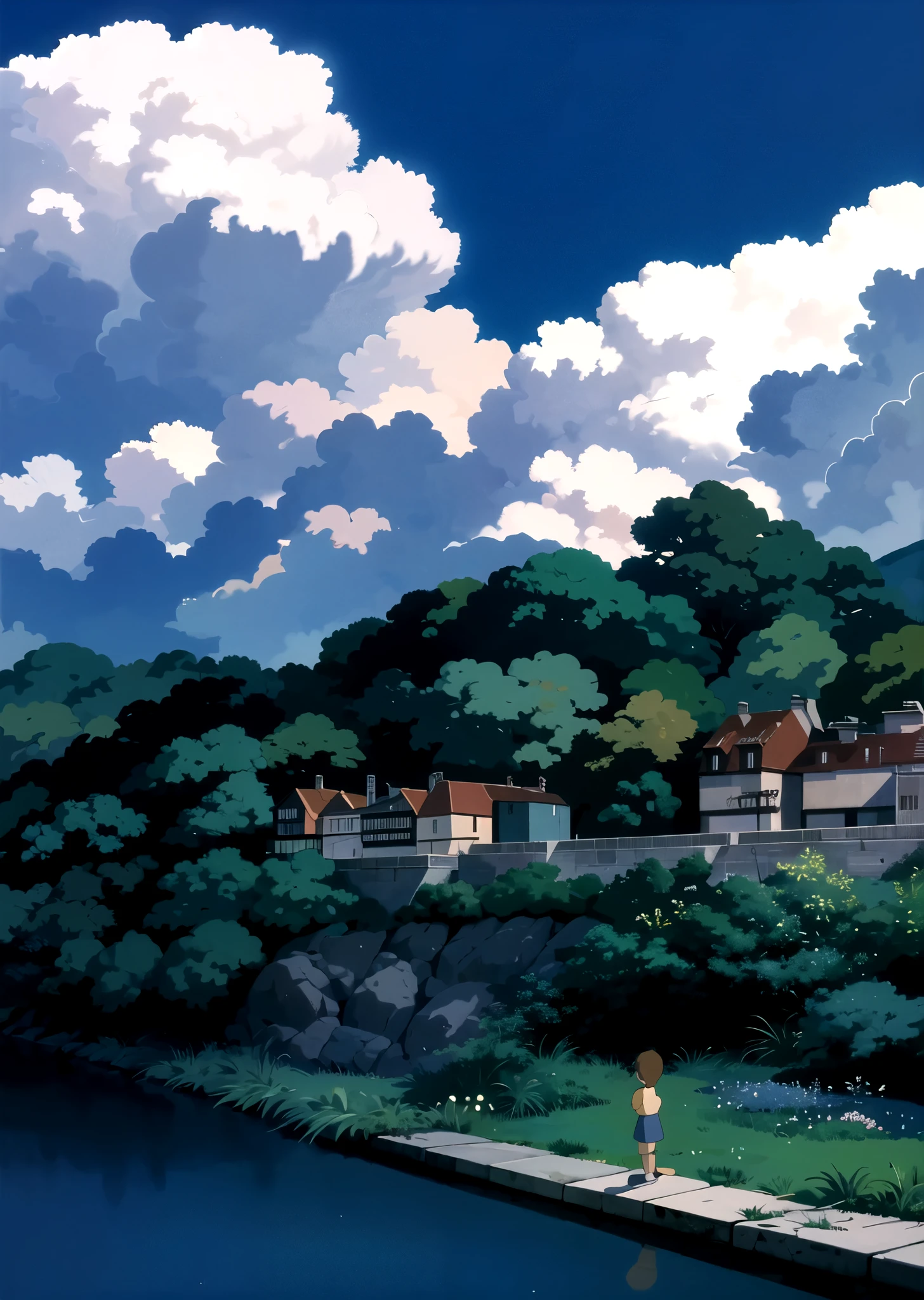 (((ghibli style))),Summer, night，landscape