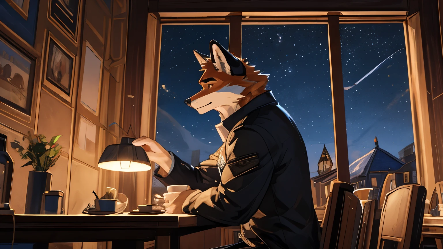 SOLO, An anthropomorphic red fox, realistic fur, wearing a black tuxedo, large fluffy tail, walking away, back, Best quality, detailed. Un ambiente de una terraza de un cafe, Una noche oscura con una luna grande y brillante, un clima PRIMAVERAL Nocturno