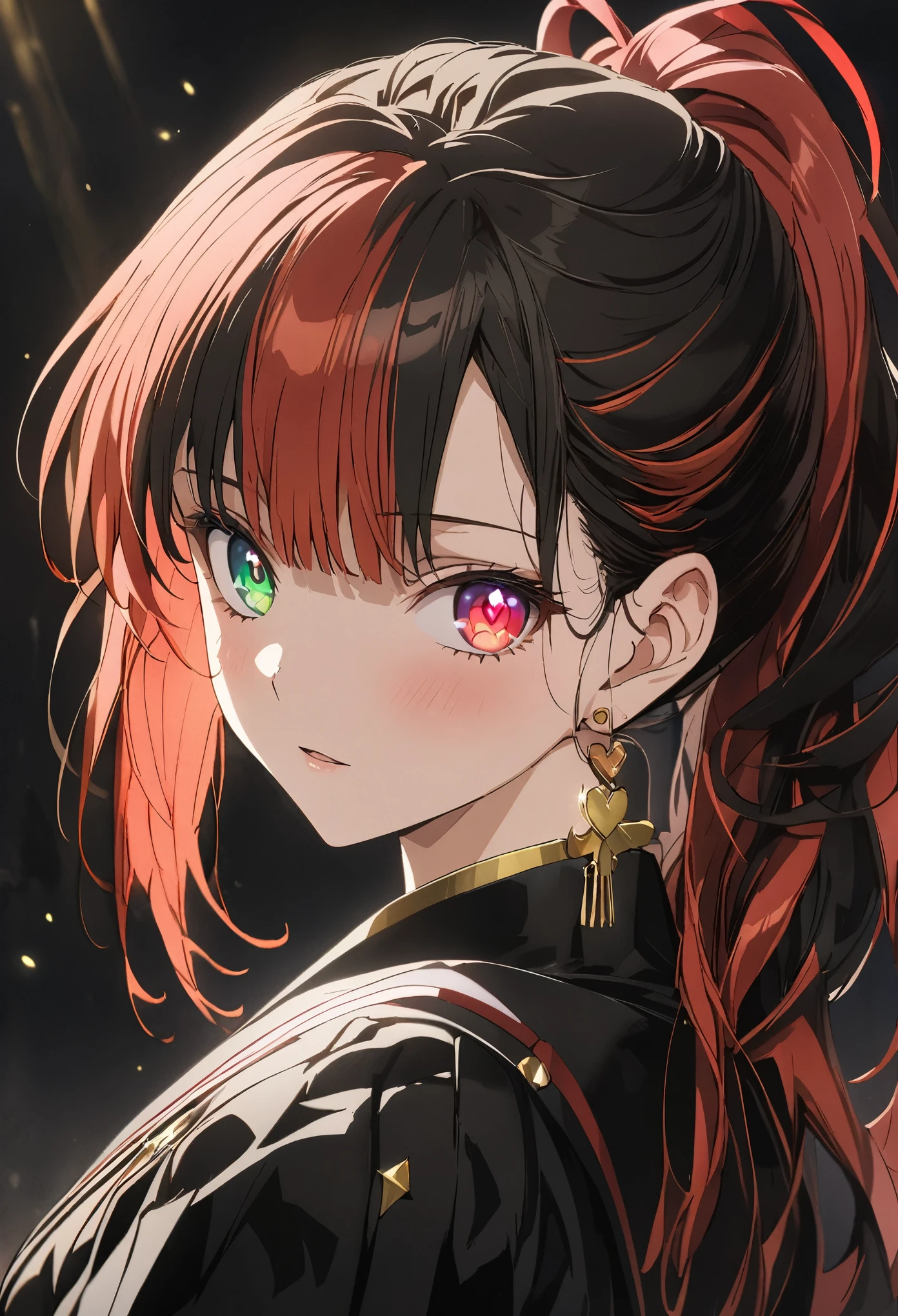 1girl, multicolored hair, black hair, red hair, bangs, ponytail, heart-shaped pupils, multicolored eyes, heterochromia, red eyes, greeneyes, anime, anime style, masterpiece, high details, high quality, award winning, best quality, highres