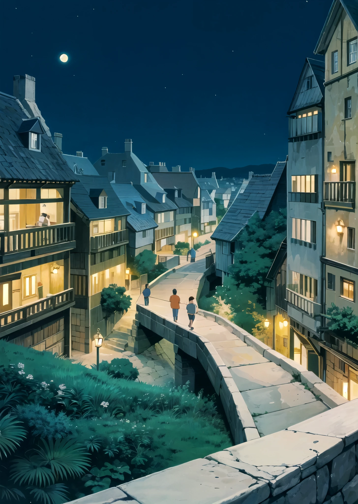 (((ghibli style))),Summer, night，landscape