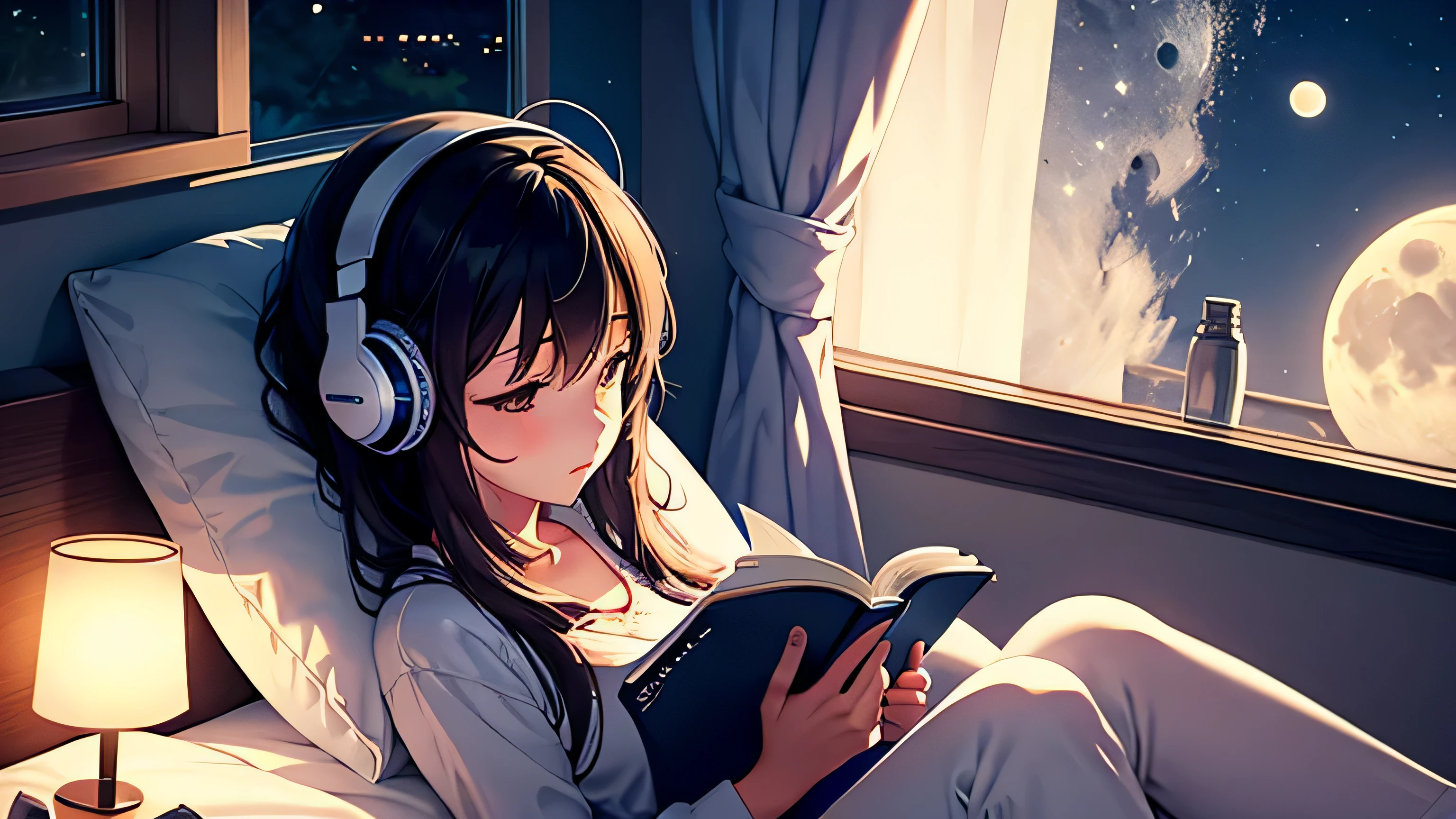 Beautiful girl reading a book in bed while listening to music through headphones Night view and moon in the window coffee Dim lighting
