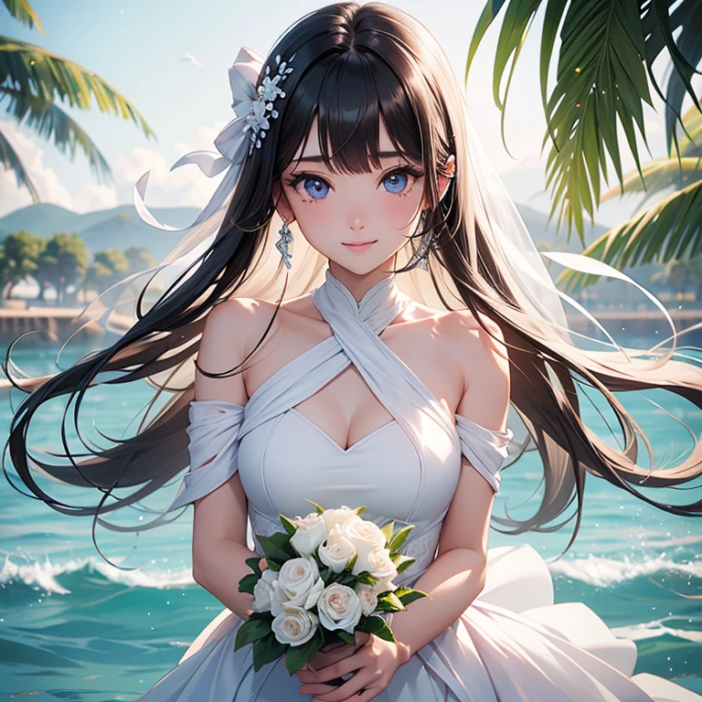 white、Ocean、droopy eyes、Brown eyeballs on face、smile、23 year old female、woman wearing one piece、long hair girl、((long hair girl))、Girl with bangs、detailed face、clean face、((best image quality))、mole、bouquet、bride、Mermaid Dress.black hair、light blue eyes、heroine、blush