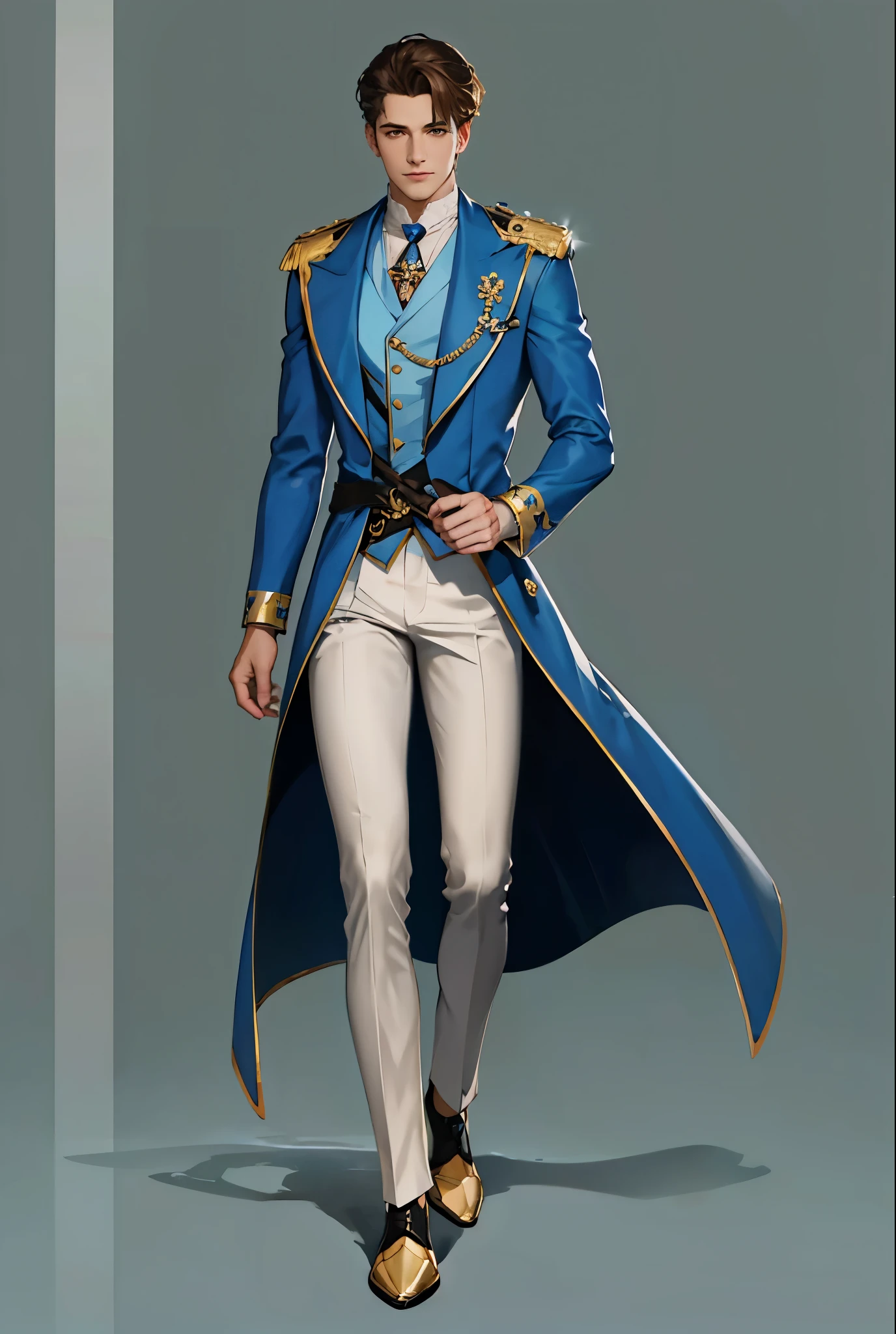 reference sheet: 1.8, great details, high quality, masterful work, Tall Boy, Beautiful face, long pants, art in boots, (masterpiece, A high resolution, high quality: 1.2), complex parts, cinematic lighting, clear focus, depth of field, blue coat, White pants, black shoes with gold toe, Gold Elements, brunette, an aristocrat, White pants, brooch expensive brooch, брошь an aristocratа, White vest, white suit, blue cloak, background
