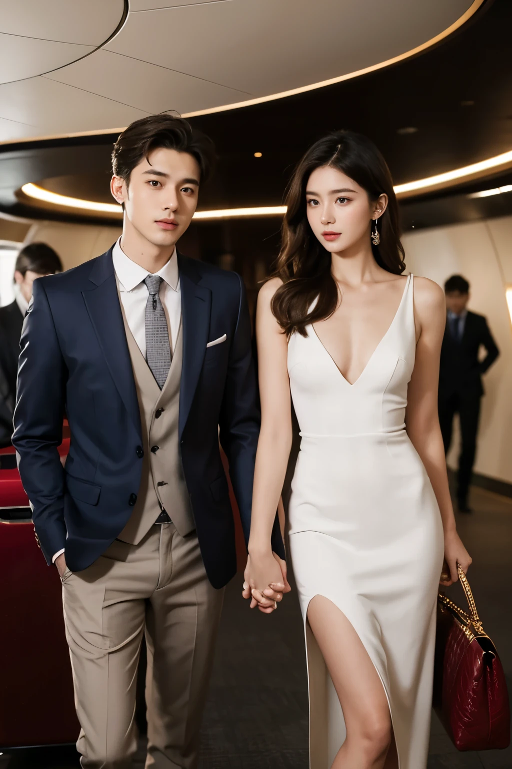 Realistic, 4k, high detailed, high quality, Potrait of one man(24 years old) in a suit(in the middle) and two girls with luxury dress, standing, perfectly proportioned, intimate, Lovers, close to each other, perfect anatomy, perfect background, perfect face, perfect body, detailed face, look at camera, background at luxury airport, in front of private jet