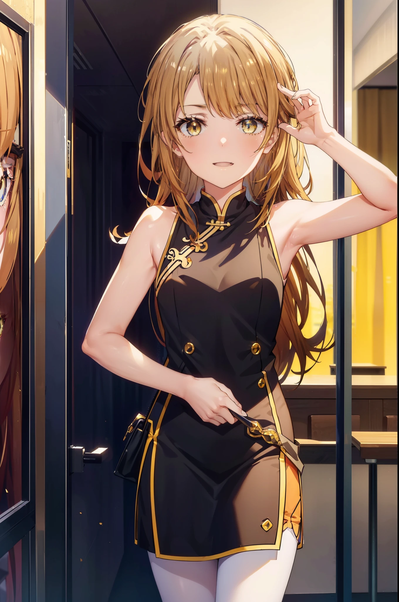 irohaisshiki, iroha isshiki, long hair,brown hair,,(brown eyes:1.5), happy smile, smile, open your mouth,bare arms,yellow cheongsam clothes,Yellow long slit,black pantyhose,stiletto heels,whole bodyがイラストに入るように,
break indoors, Chinese Restaurant,
break looking at viewer,whole body,(cowboy shot:1.5),
break (masterpiece:1.2), highest quality, High resolution, unity 8k wallpaper, (shape:0.8), (fine and beautiful eyes:1.6), highly detailed face, perfect lighting, Very detailed CG, (perfect hands, perfect anatomy),