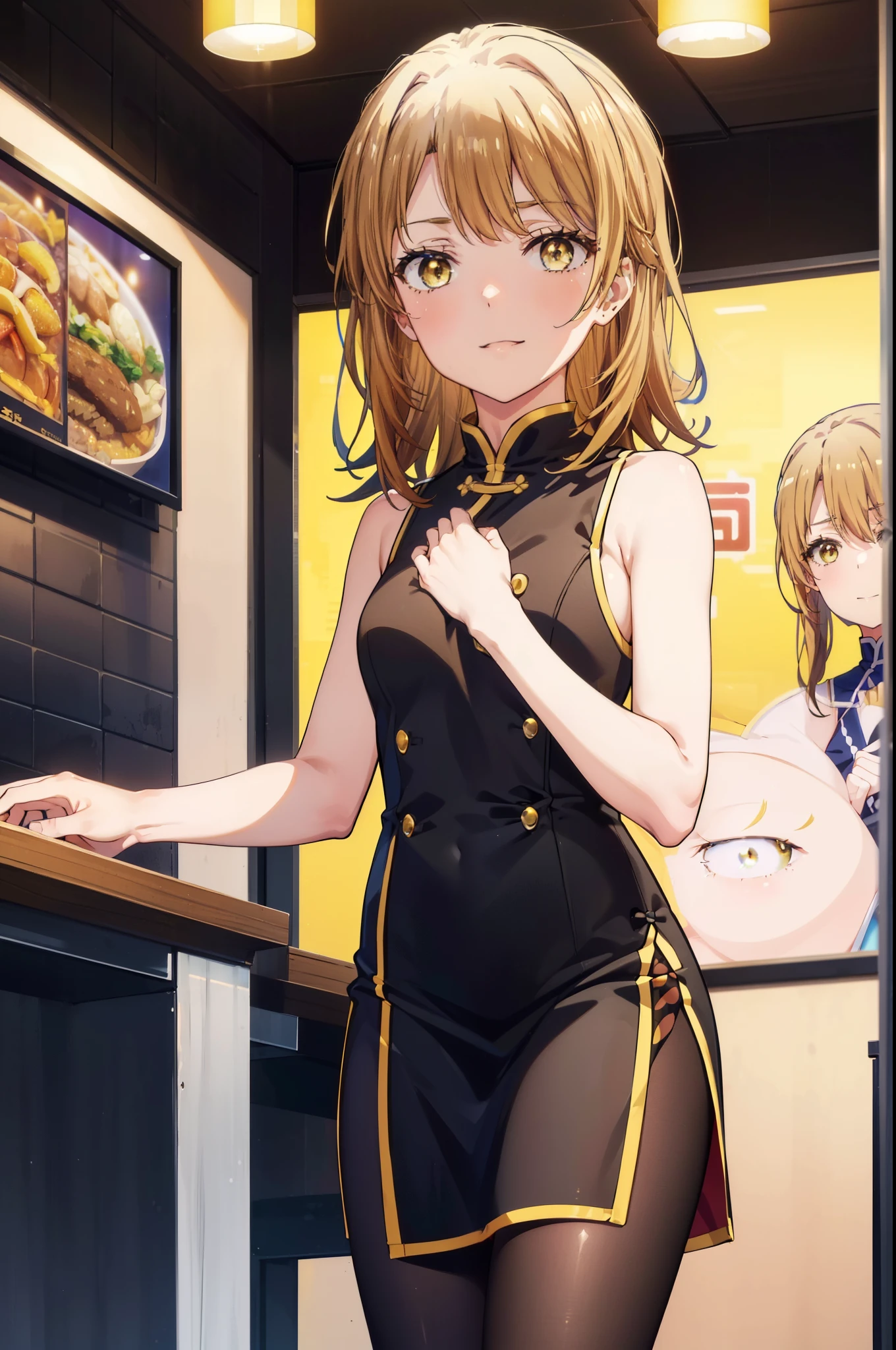 irohaisshiki, iroha isshiki, long hair,brown hair,,(brown eyes:1.5), happy smile, smile, open your mouth,bare arms,yellow cheongsam clothes,Yellow long slit,black pantyhose,stiletto heels,whole bodyがイラストに入るように,
break indoors, Chinese Restaurant,
break looking at viewer,whole body,(cowboy shot:1.5),
break (masterpiece:1.2), highest quality, High resolution, unity 8k wallpaper, (shape:0.8), (fine and beautiful eyes:1.6), highly detailed face, perfect lighting, Very detailed CG, (perfect hands, perfect anatomy),