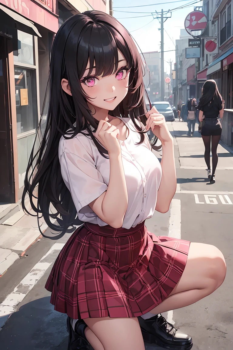 ((1 girl)), latest trend clothes, red check skirt, black clothing ,squat, squat, Street fashion,cowboy shot,((Super detailed,highest quality, High resolution, 8k wallpaper, beautiful clothes,)),((black hair, long hair,straight hair,two side up)), (teeth), Grinning face, eye shadow, eyeliner,Glow eye, highly detailed eyes, clear eyes, beautiful eyes, ((shining pink eyes)), girl.