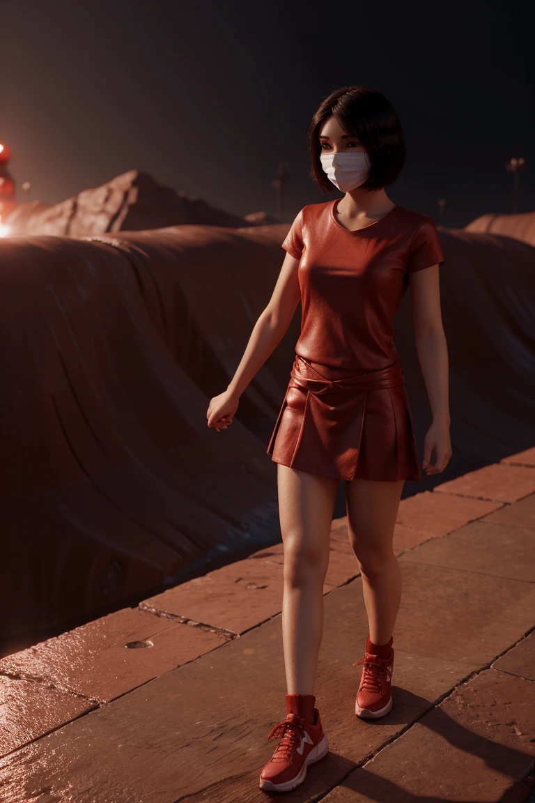 A 3d cartoon  girl with a red cloth covering her face backing a 3d cartoon boy holding her hand in a foggy  background  