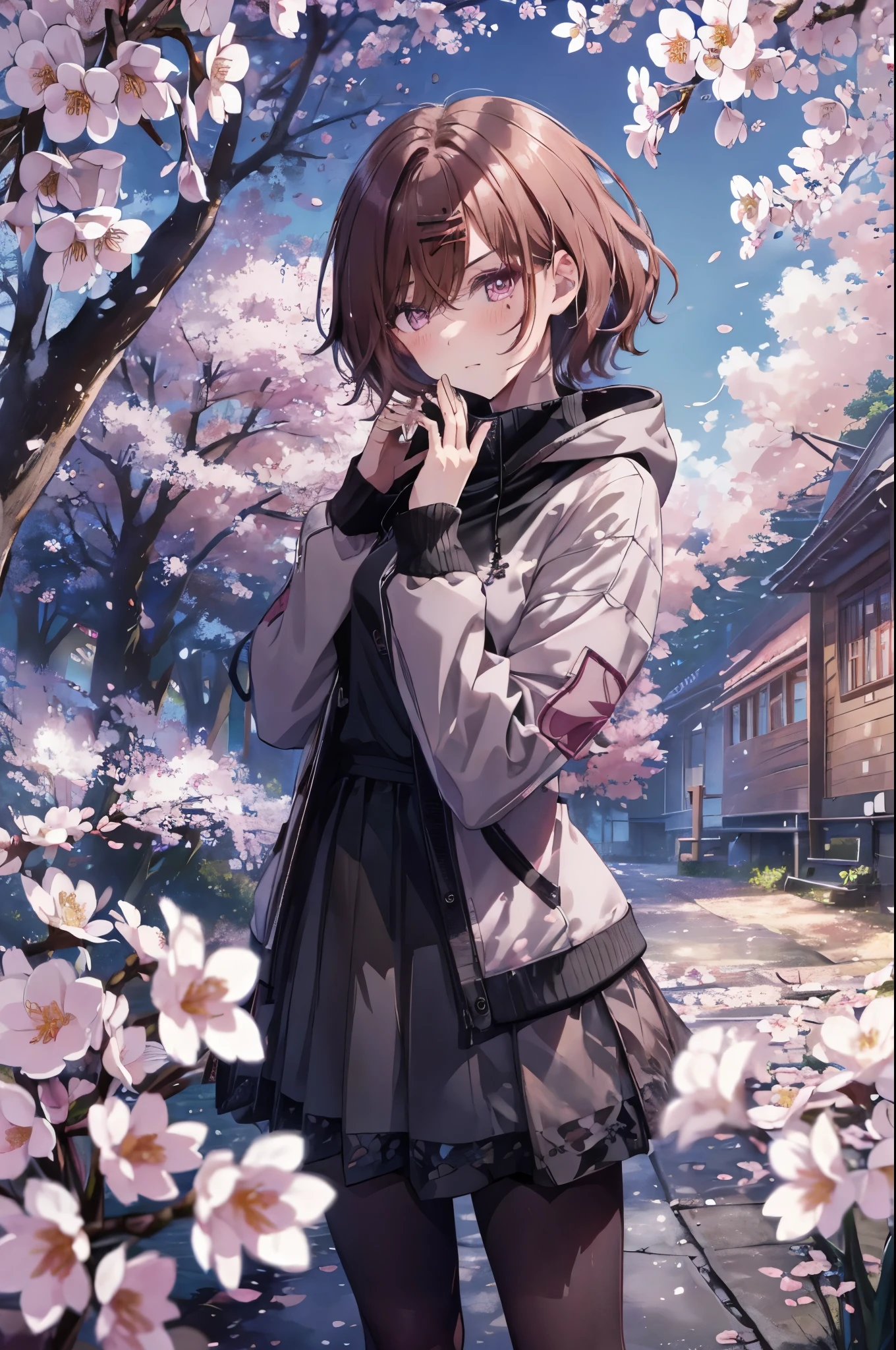 (best image quality, masterpiece:1.2), (super detail drawing),from behind, from above、(full body:1.3), A kaleidoscope of vibrant blossoms and enchanting cherry trees々surrounded by、A girl stands in a breathtaking city landscape。(Walking through the cherry blossom district:1.2),(sky scraper:0.6) ,The starry sky above is illuminated with mysterious colorful lights, Create a fantastic atmosphere, BREAK ①Quality:(1girl:1.3),(Perfect hands:1.3),(Perfect Anatomy:1.3), (master piece:1.3),(best quality:1.3), detailed,8k ②th:high resolution,beautiful detailed eyes, cute eyes, sparkling pupils, Intricate Iris Details, Captivating Eye Reflections, Sparkling Highlights in the Eyes, Depth and Dimension in the Pupils, Subtle Color Variations in the Iris, Meticulous Eyelash Details, detailed eyes, ③Lighting:Best Illumination, Part ④⑤: ultra-detailed face,detailed skin, ⑥Body shape:(slender body type:1.3), Seven heads, small head, ⑦Skin: ⑧Expression:(blush:1.1), Looking at Viewer, waiting for a kiss, ⑨Style: ⑩Subject:Oh Madoka, (mole under eye:0.8)、aamadoka,(mole under eye:0.8),short hair,bangs,hairclip,black sweater,hood,long sleeves,collared shirt,plaid skirt,grey skirt,(black pantyhose:1.4), thighband pantyhose,loafers,brown footwear, short hair、bangs、Hair clip ⑪Hair: shiny hair, floating hair, short hair, brown hair, mole under eye, mole, hair ornament, hairclip, BREAK ⑫Environment: ⑬Composition: ⑭Costume : piercing, (wrinkles between eyebrows:1.3)、