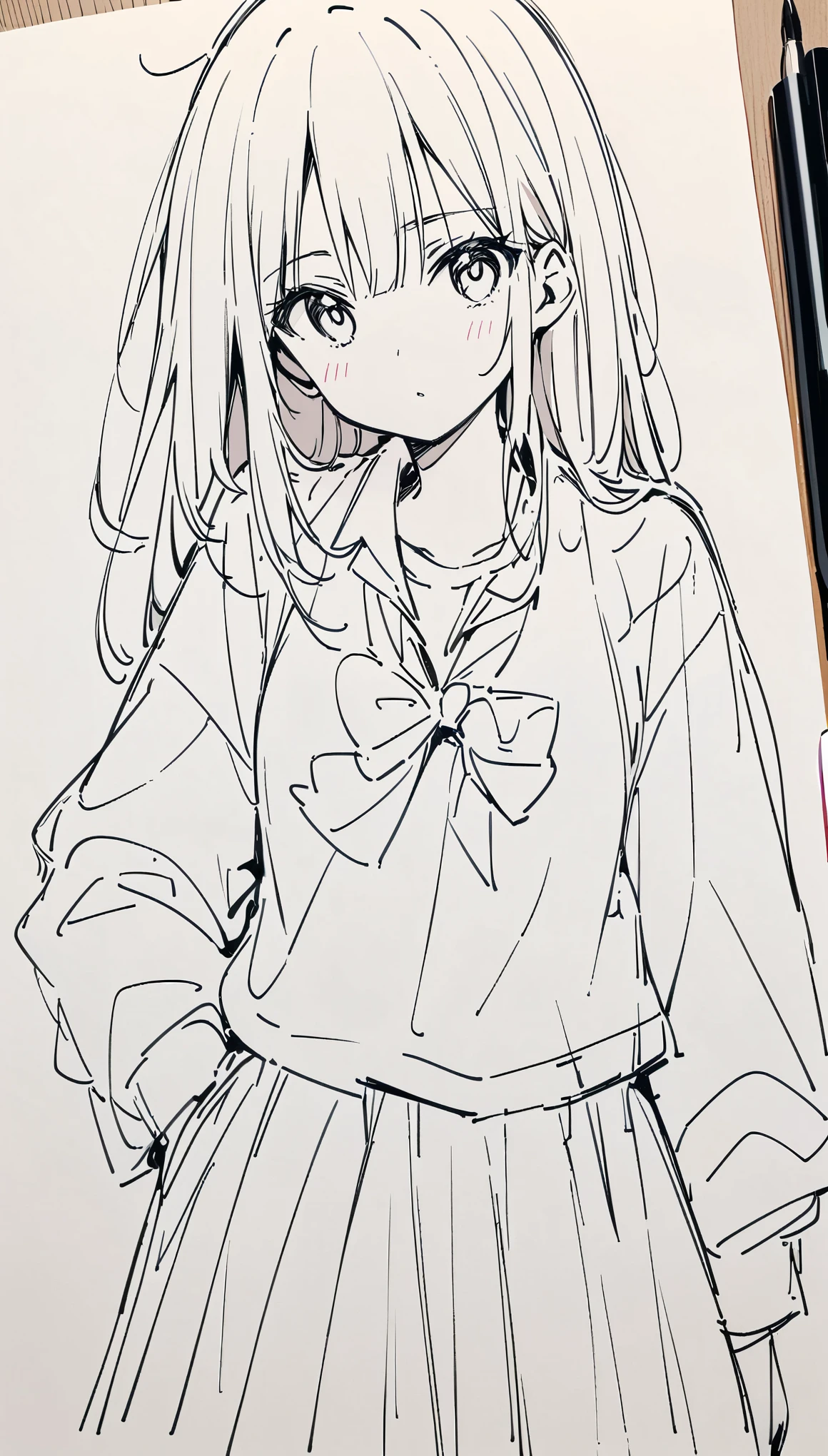 ((Monochrome Art:1.2)), line drawingで描かれたアニメキャラクター, Expressed using only shades of black, line drawing, Monochrome illustration, (doodle, draft, sketch), schoolgirl_アニメキャラクターのline drawing.