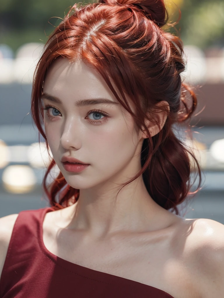 ( masterpiece, top quality, best quality,8k, girl,ultra detailed,raw photo:1.5),(photorealistic:1.4), ( chignon , red hair:1.5), (cinematic lighting), PerfectNwsjMajic, , Surrealism, UHD, ccurate, Super detail, textured skin, High detail, Best quality, dynamic angle, White skin,[Beautiful blue eyes], high nose,[flat chest:large breasts:0.5],(1girl),(good anatomy:0.5)),(outside), jewelry 