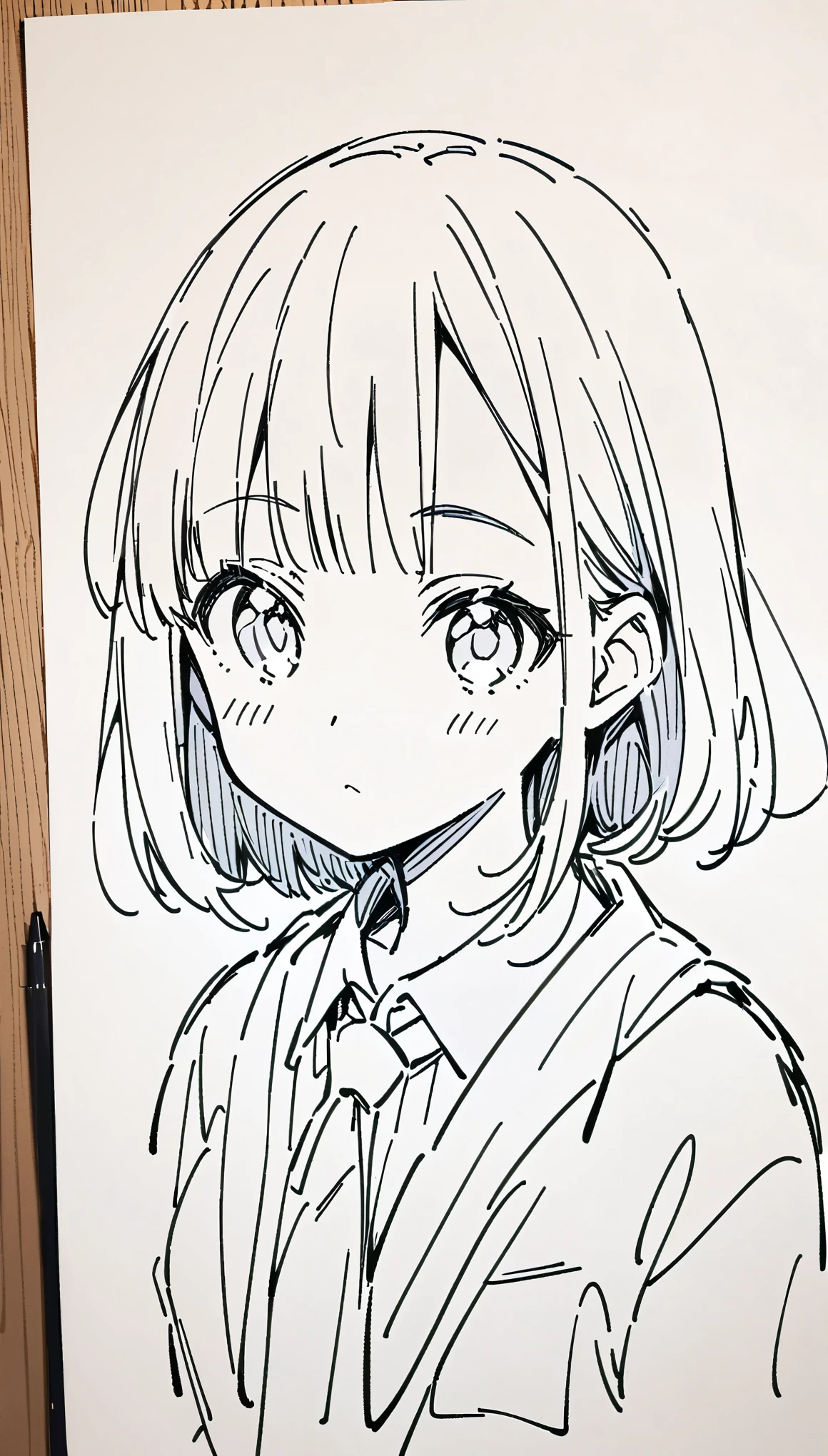 ((Monochrome Art:1.2)), line drawingで描かれたアニメキャラクター, Expressed using only shades of black, line drawing, Monochrome illustration, (doodle, draft, sketch), schoolgirl_アニメキャラクターのline drawing.