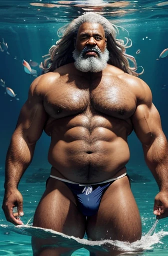 very old African-American man, very gray-haired, very old, silver-haired, extremely muscular and extremely fat, over 70 years old, weighing more than 600 pounds with extremely large, muscular and very flaccid and very hairy breasts and with very large, pointed and dark nipples with relaxed muscles bodybuilders with long wavy hair floating underwater in a sea full of colorful fish wearing thongs with very hairy pubes sticking out of the thongs
