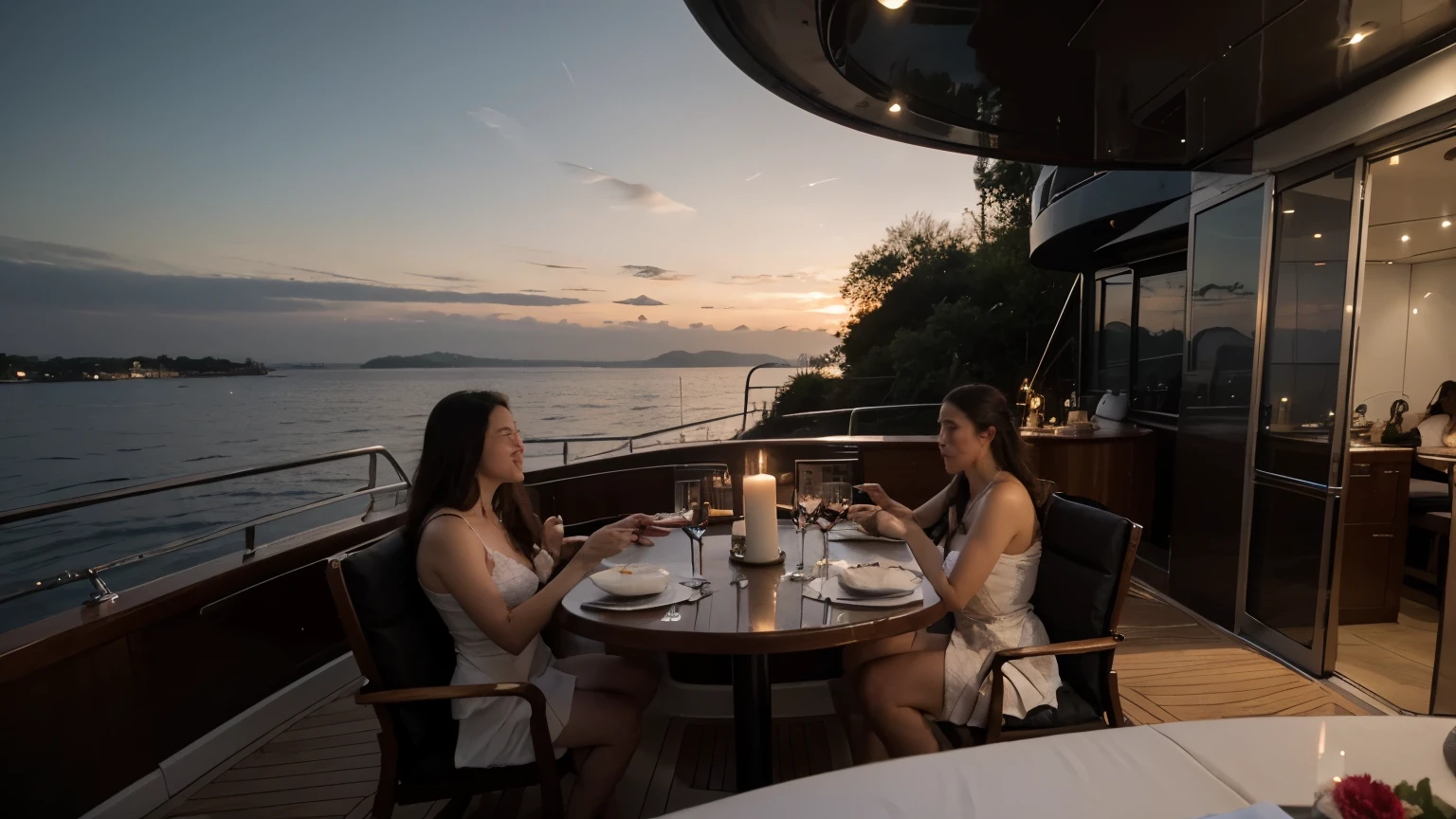 A large scene picture。A large area of sky needs to be exposed，evening，There is a yacht on the sea，Dinner  on the yacht deck，The atmosphere is very romantic，Flowers on the yacht，Candles and a lady in a black evening dress holding a wine glass。The picture needs to be high resolution。